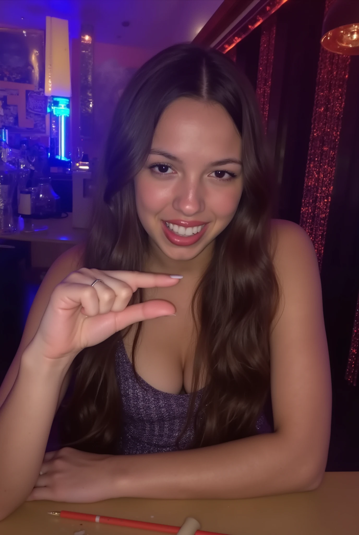 amature photo, A beautiful young girl annoyed. realistic,sphf1ngers, sph, beautiful hand, 5 finger, looking at viewer,indoors, sitting, sweat, laughing woman, night club, party, bar,, five fingers, perfect hands, Olivia Rodrigo