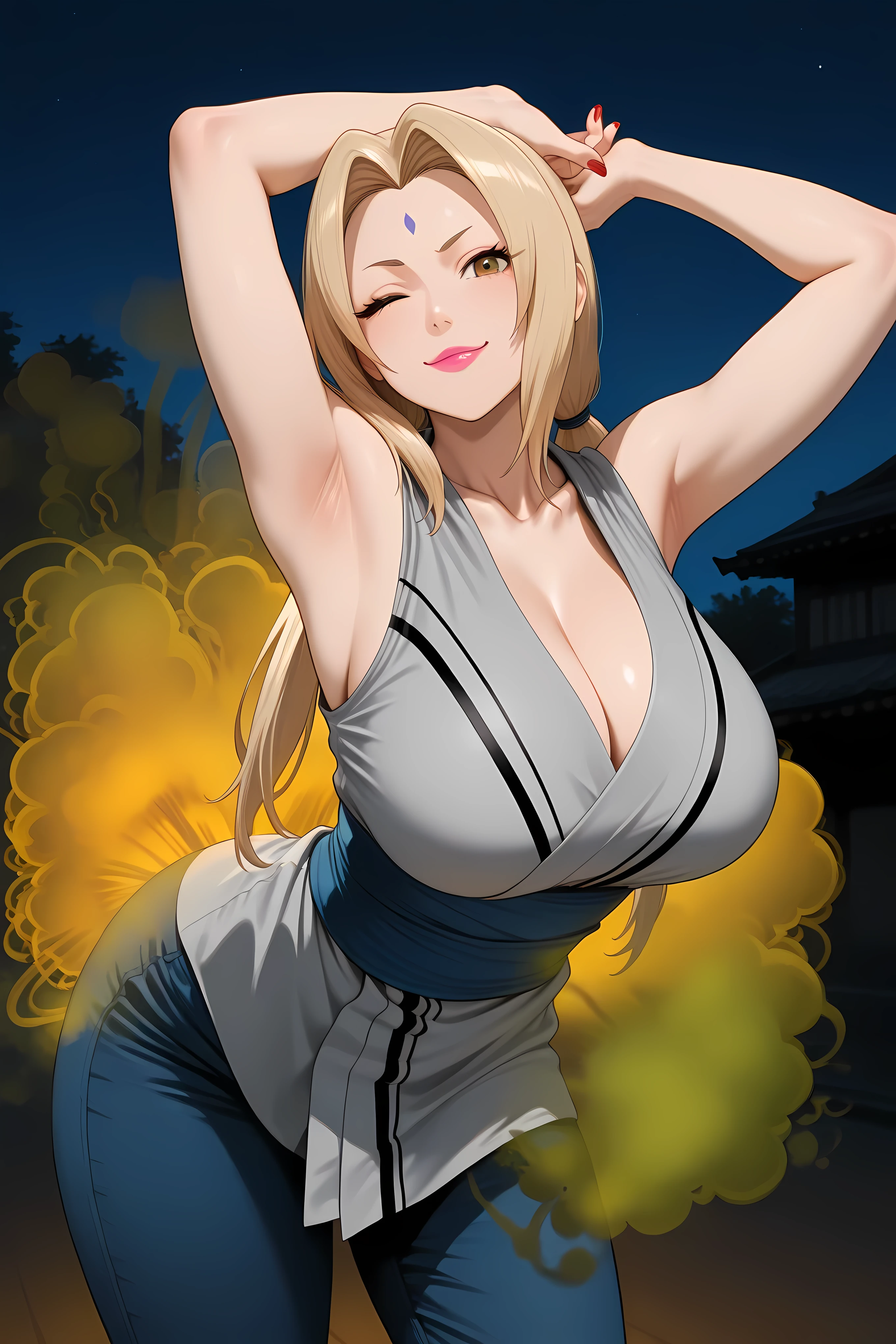 ,,<lora:Tsunade-IL-v1-07:0.7>, ChopioTsunade, blonde hair, long hair, low twintails, hair tie, brown eyes, forehead mark, pink lipstick, looking at viewer, mature female, large breasts, red nails,,outfit_2, grey kimono, sleeveless kimono, collarbone, cleavage, blue obi, blue pants, massive breast, soft fat, curvaceous, thicc, relaxed face, eye closed,
general, Solo, masterpiece, highres, ultra-detailed, hyper-detailed, best quality, amazing quality, very aesthetic, best hands, best eyes, best hand
adult woman, 1woman, night,
cammystretch, stretching, leaning forward, arms up, hands up,
(Fart:2) , ( (yellow gas:2), fart near ass only,