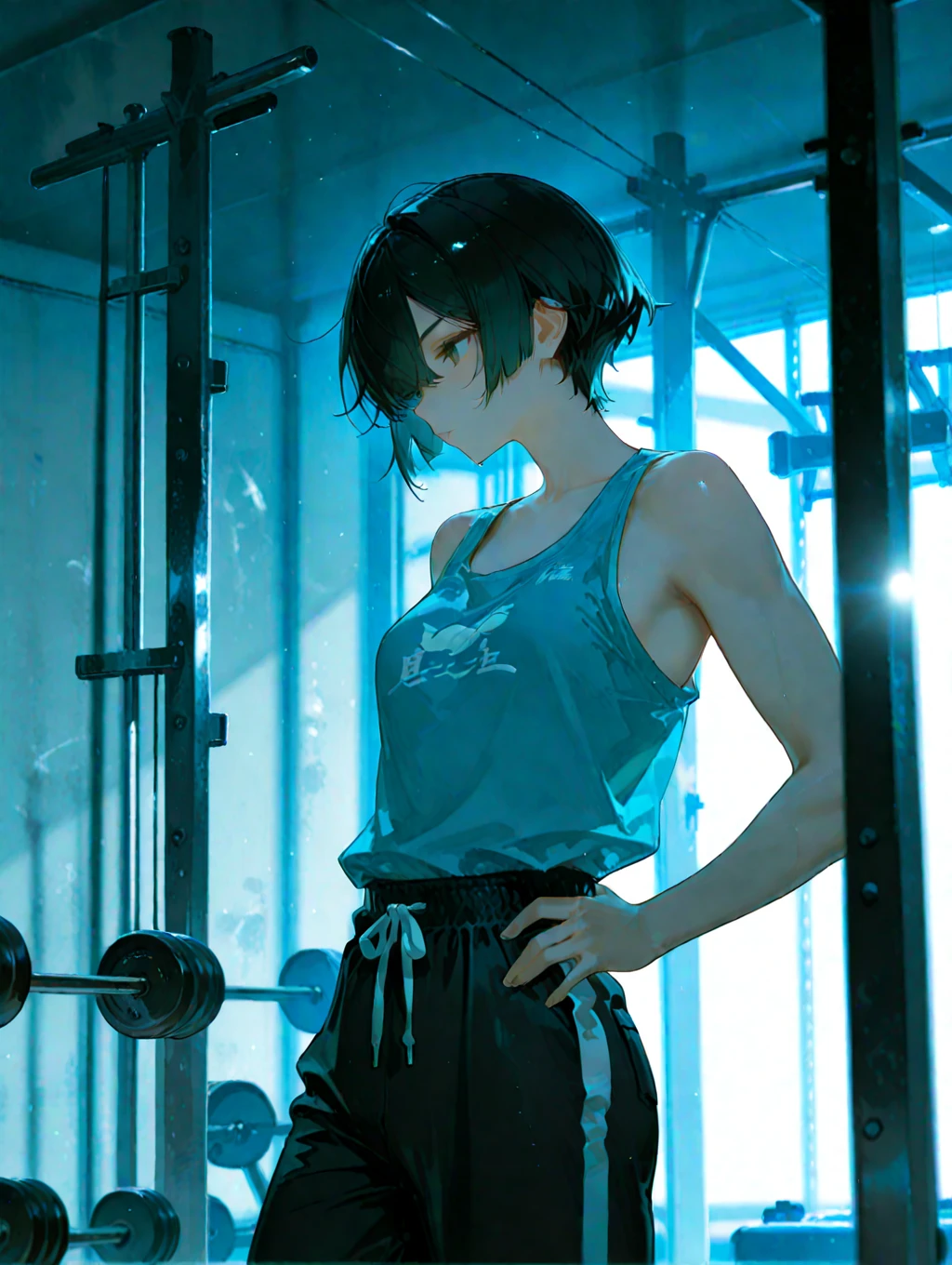 Bobcut、Black-haired 、Sweating at the gym、Back view、Desperate form、Sweaty、indoor、Many other guests、Wearing a jersey、No exposure、in motion、Grit your teeth