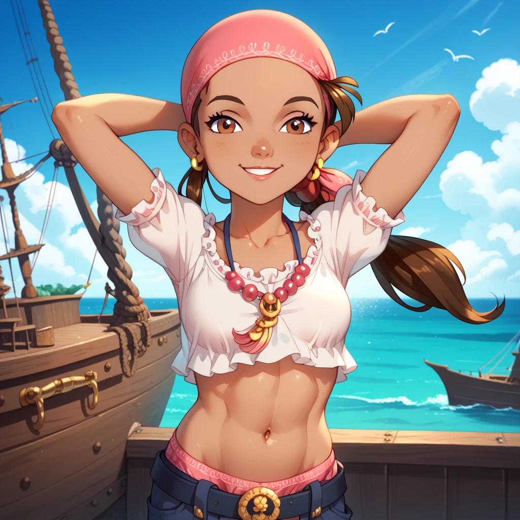 1 girl, young, messy dark hair, hairbun, hairband, tribal clothing, tan skin, sailing, holding oar, Indonesian canoe, more_details:1.5