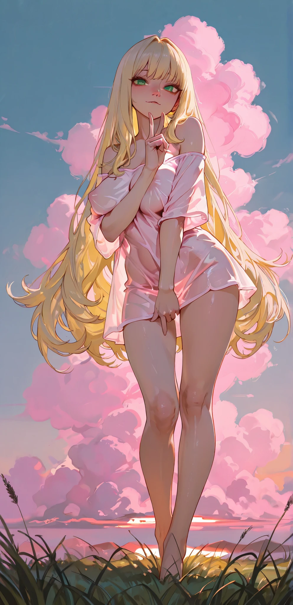 masterpiece, best quality, high quality, absurdres,very aesthetic, sensual illustration, girl 1, beautiful, Blonde Hair , Wave perm hair, Very long hair, Emerald-colored big eyes, cute nose, see-through dress, Off-shoulder mini dress, body silhouette, Body Coverage, , (V finger), saggy , long legs, Women's curves, Leg focus , Poses, Dynamic Angle Covered in a Cloak, grass, Blue Sky, pink clouds , Sunset, Soft lighting with only a shirt, rolling around rich contrast, Ultra HD, delicate expression, fine texture moist texture, Thin line .