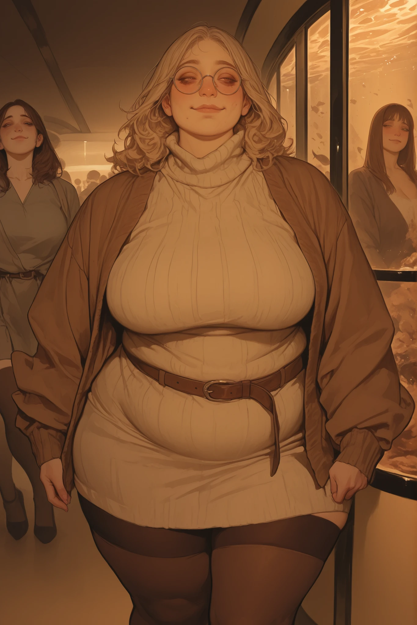 semi-realistic midjorney art style of a round older woman. she has an oval and narrow shaped face with a long hooked bumpy crooked broken nose. tired sunken in brown eyes, large round frames, with a devious smirk, tired eyes, dark circles under eyes, moles, red blemishes, brown long greasy flat straight hair and blonde roots exposed. hair slick to skin, chubby obese body with large breasts wearing a long creme colored sweater dress with brown cardigan, brown thigh highs, wearing brown belt, older women, wrinkles, obese thighs, Dynamic pose standing infront of an aquarium, feminine, chubby, fat, milf, older, greying hair, dramatic lighting, morbidly obese,  pathetic, wearing thick framed brown glasses, wrinkly, morbidly obese, obese, pimples, acne, sepia dynamic lighting, sepia