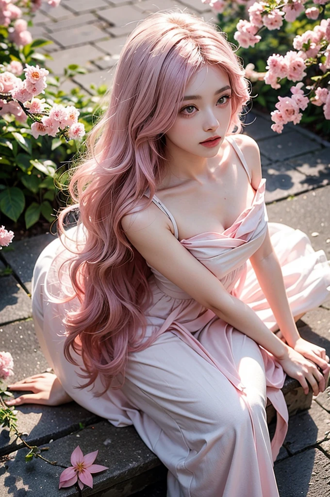 Light pink hair, Pink Eyes, Pink and white, Cherry leaves, Vibrant colors, White Dress, Paint splashes, Simple Background, Ray Tracing, Wavy Hair