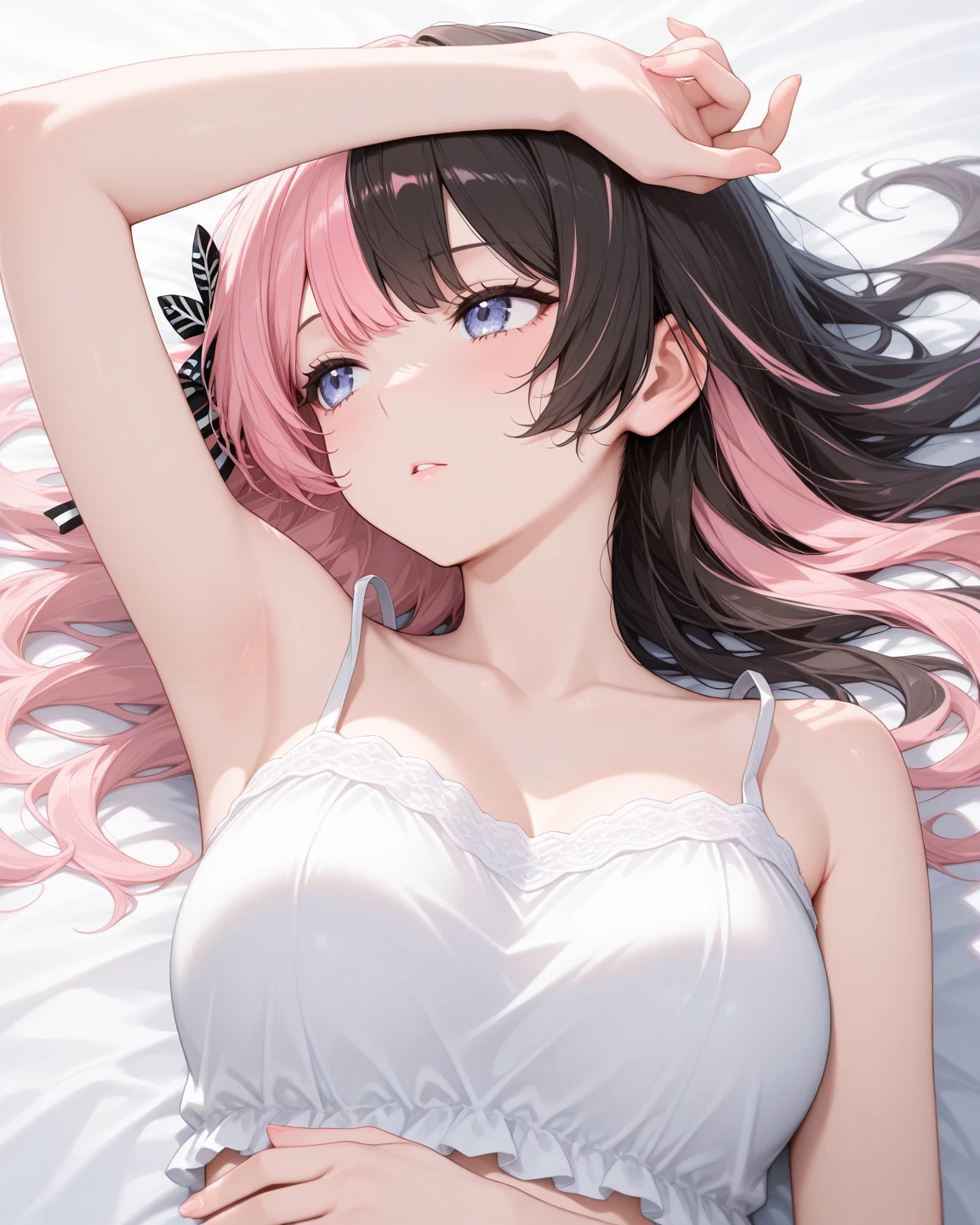 absurderes,(​masterpiece、top-quality、8K ),intricate detailes,ultra-detailliert、1 down, (trap ,Otokonoko, Tom Girl:1.2), Solo, Male Focus, Very long hair, Cute anime face, Indoor, ( flat chest, Bulge:1.2),mid-riff peak,((blush)), Black hair, Purple eyes, (White camisole、shortpants:1.3),(Lying in a bed:1.4),Hyper realistic,Perfect 