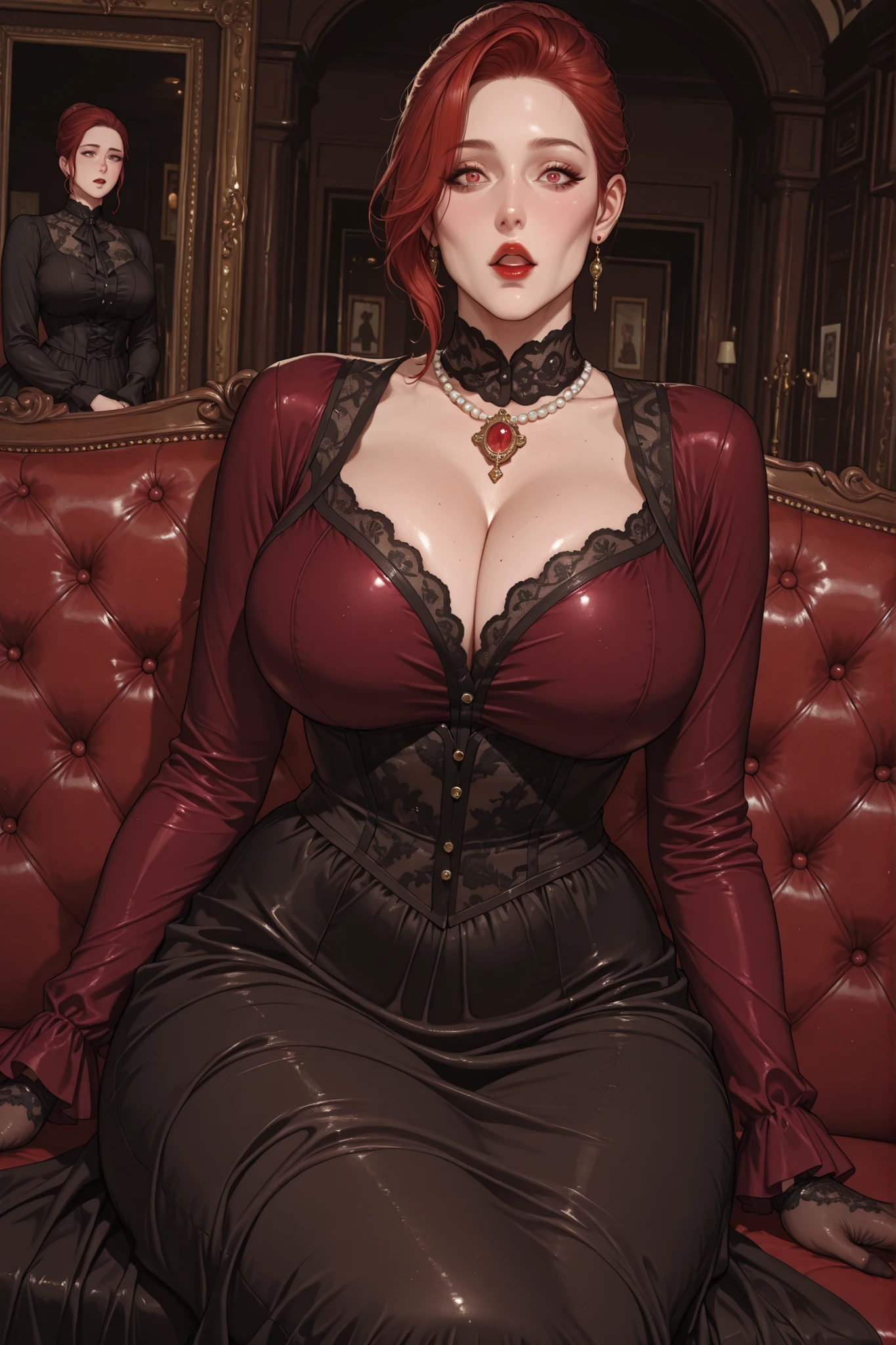 score_9, score_8_up, score_7_up, score_6_up, score_5_up, score_4_up, Label 1, Label2, quality_masterpiece, Anatomically correct, beautiful face, perfect face, Beautiful and highly detailed face, sexy Attractive face , Detailed Face, delicate Facial Features, detailed ,Very detailed & Beautiful and dazzling eyes, huge breasts, wide hips, big butt, thick thighs, mature female, ( colors CMYK ), (ultrahd, 8K), (intricate details), (Absurds), (Very detailed), red hair, 60 years old, Ample curves , Wrinkled Face , short hair , victorian dress, victorian era, jewelry, w red lips, gold jewelry, Evening gown, rich burgundy velvet, high lace collar, long fitted sleeves, embroidered bodice with subtle beading, floor-length skirt with modest train, satin gloves, pearl necklace, cameo brooch, hair in a refined bun, dutch angle, only one woman, focus on woman, surprised, alone, looking at viewer, only one woman, bedroom, Livingroom, sitting, sofa,