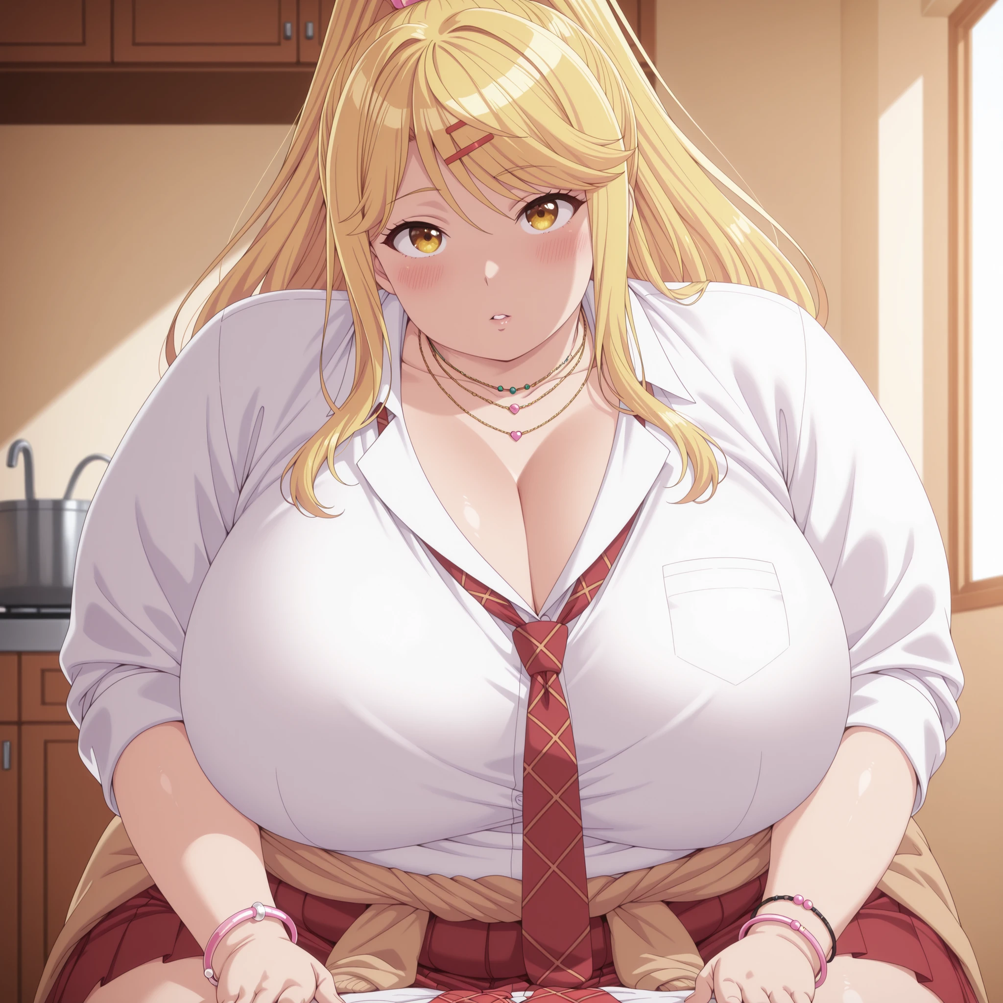obese,fat,chubby,plump,WeightChubby,Masterpiece, high detail, very hd, best quality, semirealistis, ray trecing, solo, 1girl, detail face, detail hair, himari ishikura, long hair, bangs, blonde hair, hair ornament, yellow eyes, ponytail, hairclip, high ponytail, mature female, anime screencap,,looking at viewer, huge breasts, beautiful, perfect body,parted lips, blush,skirt, shirt, jewelry, school uniform, white shirt, necktie, collared shirt, necklace, bracelet, red skirt, red necktie, clothes around waist, gyaru, in the kitchen, "First-person perspective (POV) of someone lying down on their back , looking up at another person sitting on their lap , facing them . The person sitting has a relaxed but dominant posture , their hands resting on the viewer’s chest or thighs . The scene captures an intimate and intense moment , with the sitting person making direct eye contact with the viewer . Soft lighting , slight depth blur to enhance immersion, tempting flirt sexy