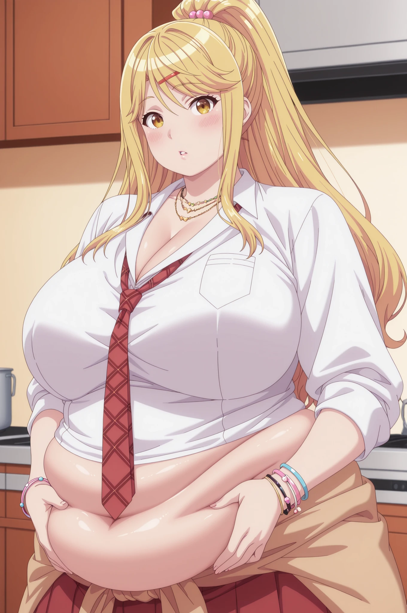 bloated belly,obese,fat,chubby,plump,WeightChubby,Masterpiece, high detail, very hd, best quality, semirealistis, ray trecing, solo, 1girl, detail face, detail hair, himari ishikura, long hair, bangs, blonde hair, hair ornament, yellow eyes, ponytail, hairclip, high ponytail, mature female, anime screencap,,looking at viewer, huge breasts, beautiful, perfect body,parted lips, blush,skirt, shirt, jewelry, school uniform, white shirt, necktie, collared shirt, necklace, bracelet, red skirt, red necktie, clothes around waist, gyaru, in the kitchen,