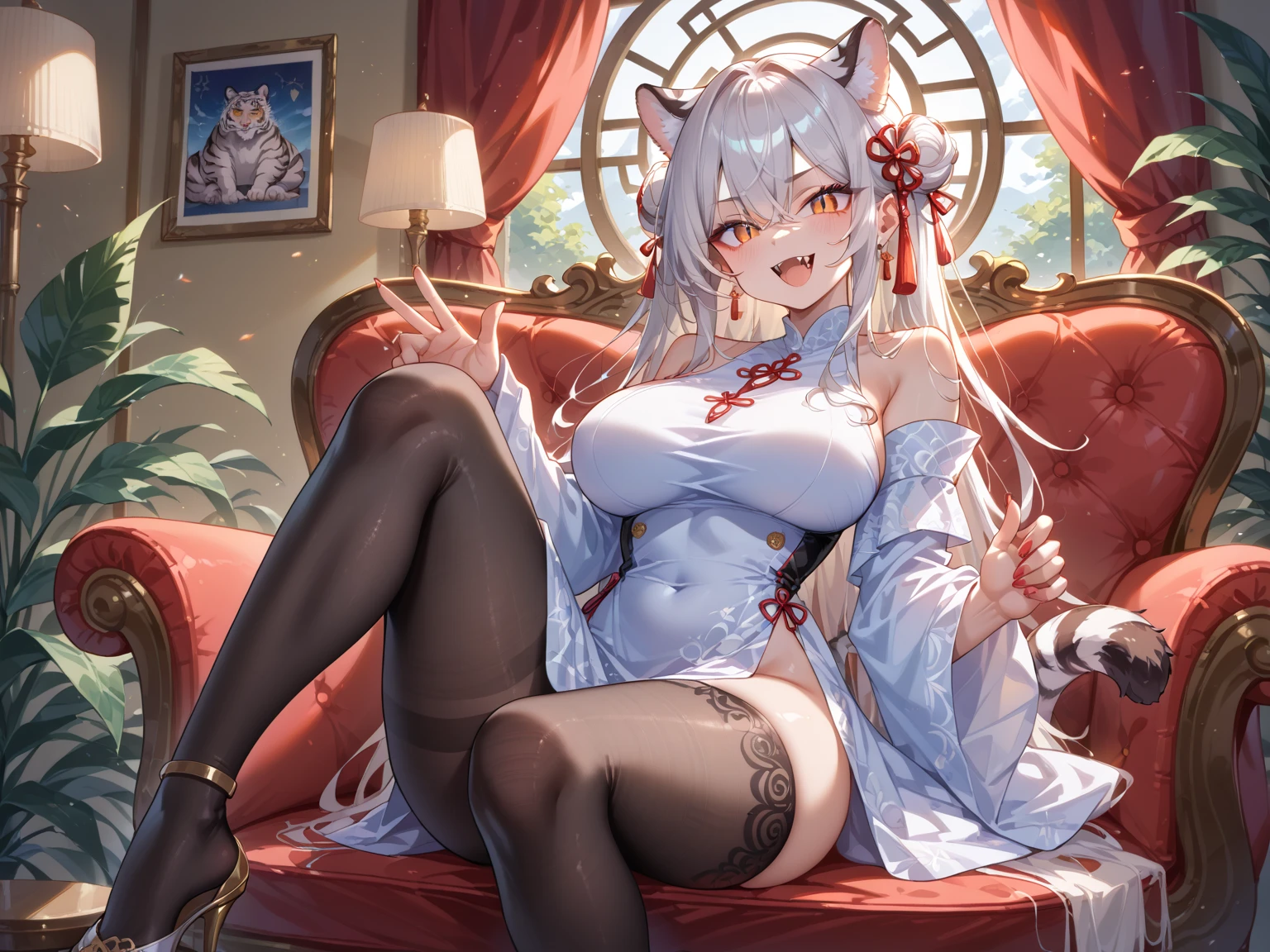 1 girl, big, kyonshi, ????????????, ????????, ??????, kung fu pose, gray hair, pale skin, cheongsam, cowboy shot, tongue stickout, braid, tattoo, panda ears, heart