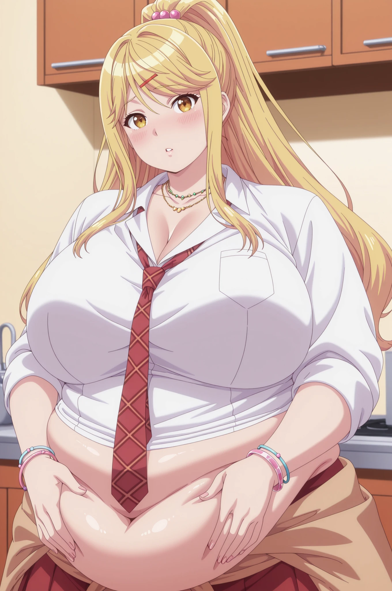 bloated belly,obese,fat,plump,WeightObese,Masterpiece, high detail, very hd, best quality, semirealistis, ray trecing, solo, 1girl, detail face, detail hair, himari ishikura, long hair, bangs, blonde hair, hair ornament, yellow eyes, ponytail, hairclip, high ponytail, mature female, anime screencap,,looking at viewer, huge breasts, beautiful, perfect body,parted lips, blush,skirt, shirt, jewelry, school uniform, white shirt, necktie, collared shirt, necklace, bracelet, red skirt, red necktie, clothes around waist, gyaru, in the kitchen,