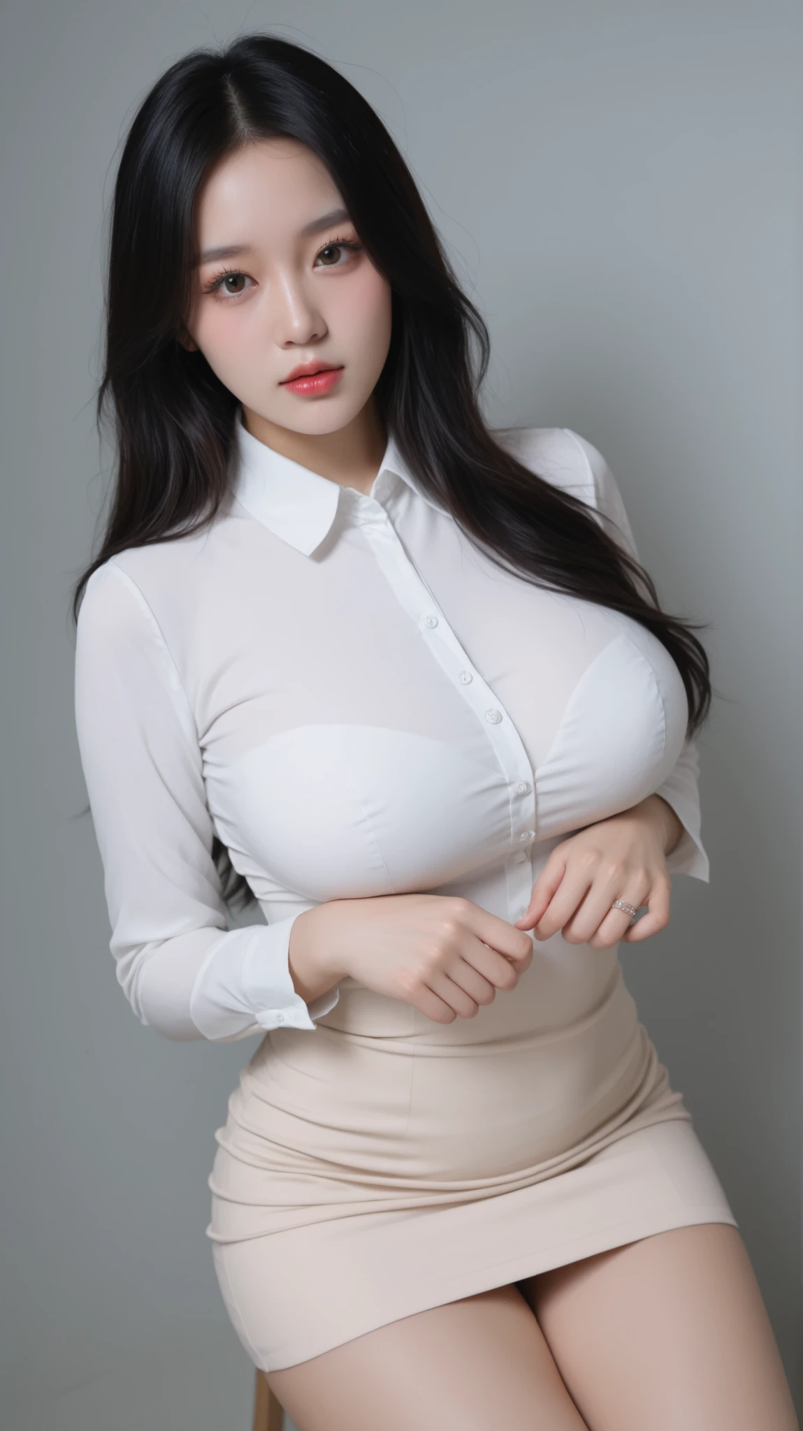 high res,32K,masterpiece,top quality,ultra detailed face, (Huge Breasts), (Wide Hips), (Wavy long black hair), Dark Brown Eyes, ((Double Eyelids)), (Long Eyelashes), (((Korean Girl))), (((White Skin))), Beautiful Makeup, (Eyeshadow), Thick Thighs, Very Elaborate Eyes, Natural Light, (Masterpiece, Top Quality), (Sexy Beauty), serious face, saggy breasts. (((white shirt-style mini dress))) (blouse dress), long sleeves, ruched/shirring details. (chic pose with one hand touching hair). The background is a clean and minimalist studio setting with solid white or light gray walls and floor. The background is slightly out of focus compared to the subject, enhancing the focus on her. The lighting is soft and even studio illumination, brightly and radiantly lighting the subject to highlight her skin tone and the textures of her outfit. Shadows are minimal to very soft.