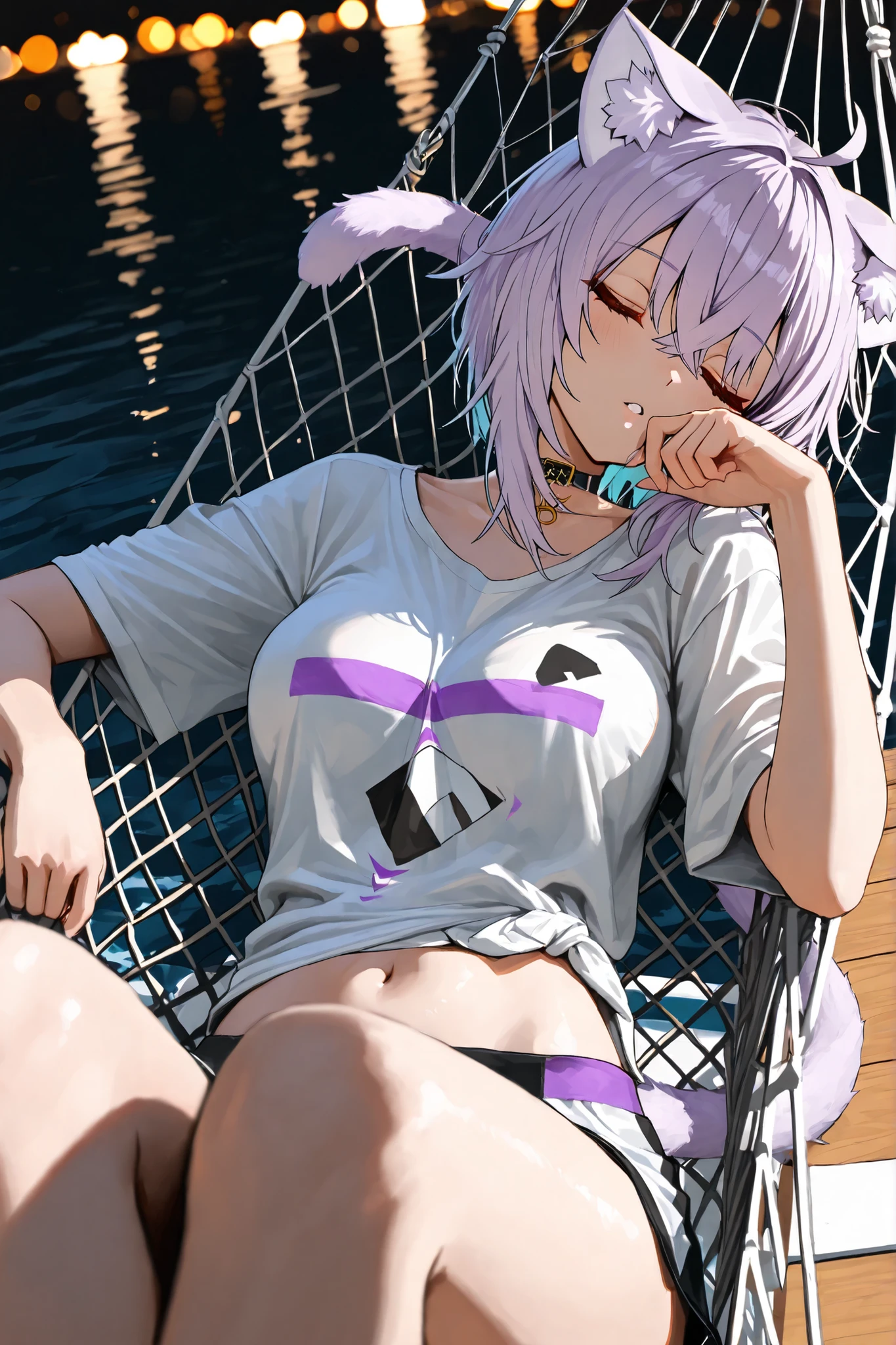 1 sexy gal ,Nekomata Okayu_(ホロライブ), solo, (masterpiece, top quality, highly detailed depiction, incredibly high resolution, high quality anime picture), (voluminous A-line silhouette), (seductive gestures),
one adult woman on the boat deck,white pop art t-shirt,black and white sexy woman art,"Woman sleeping in hammock,Dutch angle,upper body,maorix,(masterpiece, detailed:1.2),High Quality,4K,8K,Fine,HDR,UHD,Studio Lighting,extra fine painting,on the front of the body,physically-based rendering with legs open while sitting on a chair,extreme details,Professional,vivid colors,Bokeh,natural pose,Narrative Expressions,Graceful Modeling,Soft Light