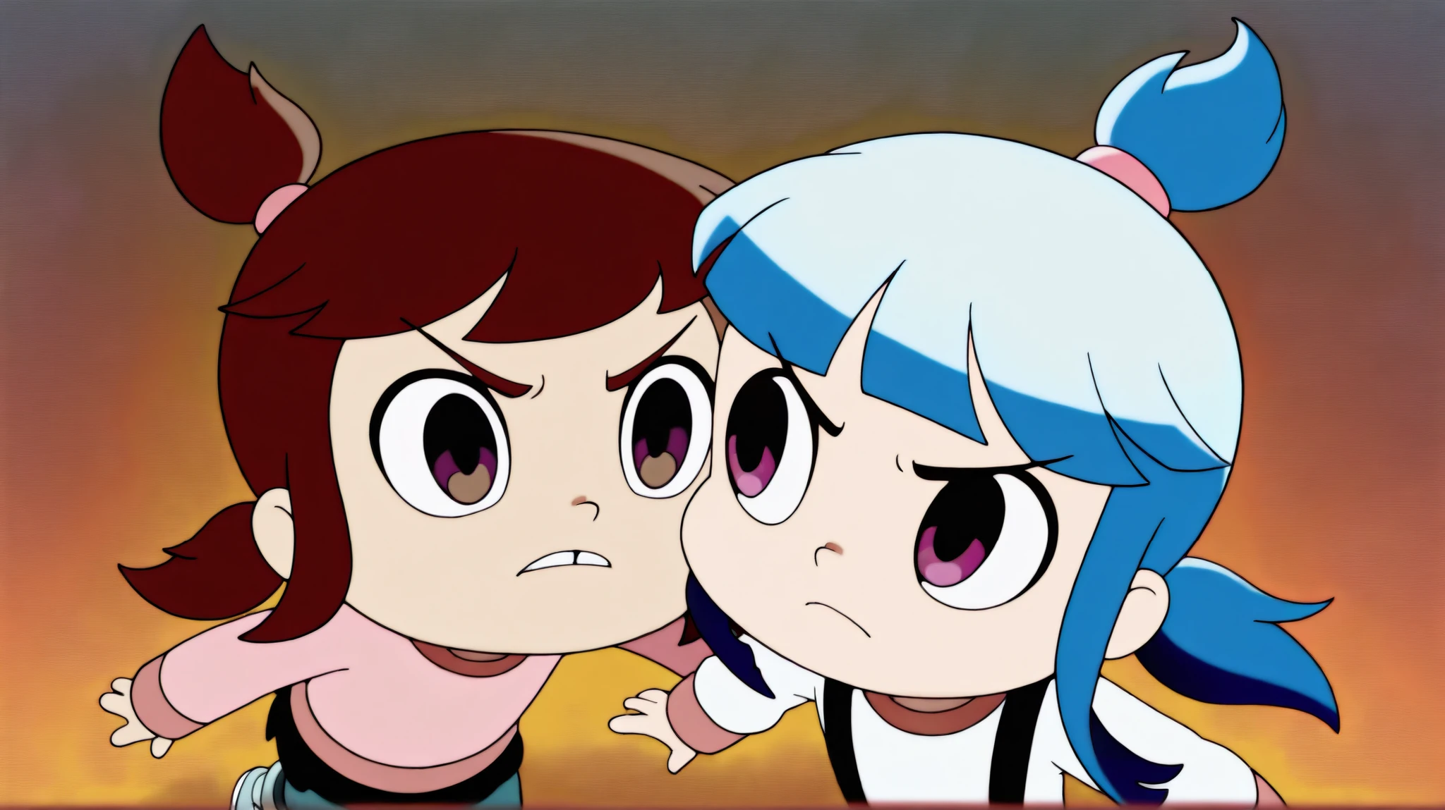 2girls, furude rika, Blue Hair, Purple eyes, white shirt, pink bow, suspenders, black skirt, | a_ey, missing tooth, black eyes, brown hair, bangs, ponytails, high ponytail, elastic band,
longsleeve, pants, sneakers, | front view, straight-on, (serious:1.2), detailed, masterpiece,