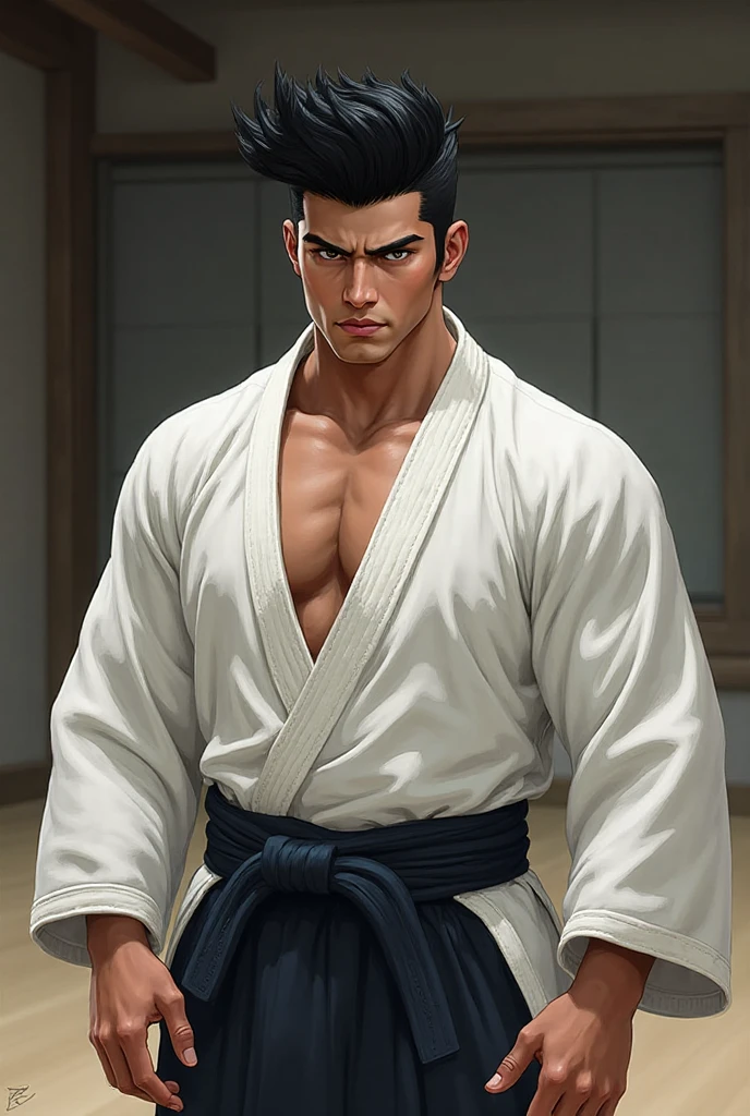 detailed portrait of a muscular asian man with spiky black hair, piercing eyes, a strong jawline, and wearing a white karate gi, highly detailed, photorealistic, 8k, hyperrealistic, beautiful lighting, sharp focus, masterpiece