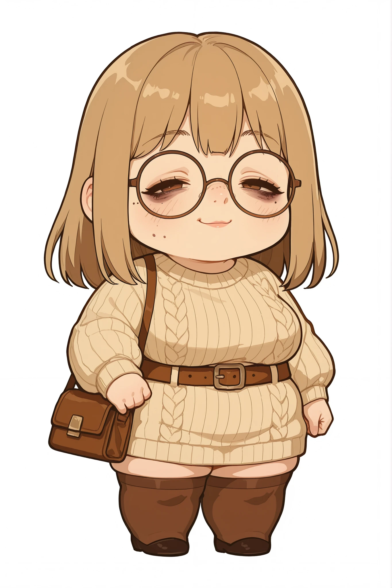 semi-realistic midjorney art style of a round older woman. she has an oval and narrow shaped face with a long hooked bumpy crooked broken nose. tired sunken in brown eyes, large round frames, with a devious smirk, tired eyes, dark circles under eyes, moles, red blemishes, brown long greasy flat straight hair and blonde roots exposed. hair slick to skin, chubby obese body with large breasts wearing a long creme colored sweater dress with brown cardigan, brown thigh highs, wearing brown belt, wearing a small brown purse, older women, wrinkles, obese thighs, Dynamic pose sitting on a rolling chair in front of an office desk with a monitor, feminine, chubby, fat, milf, older, greying hair, dramatic lighting, morbidly obese,  pathetic, wearing thick framed brown glasses, wrinkly, morbidly obese, obese, pimples, acne, 