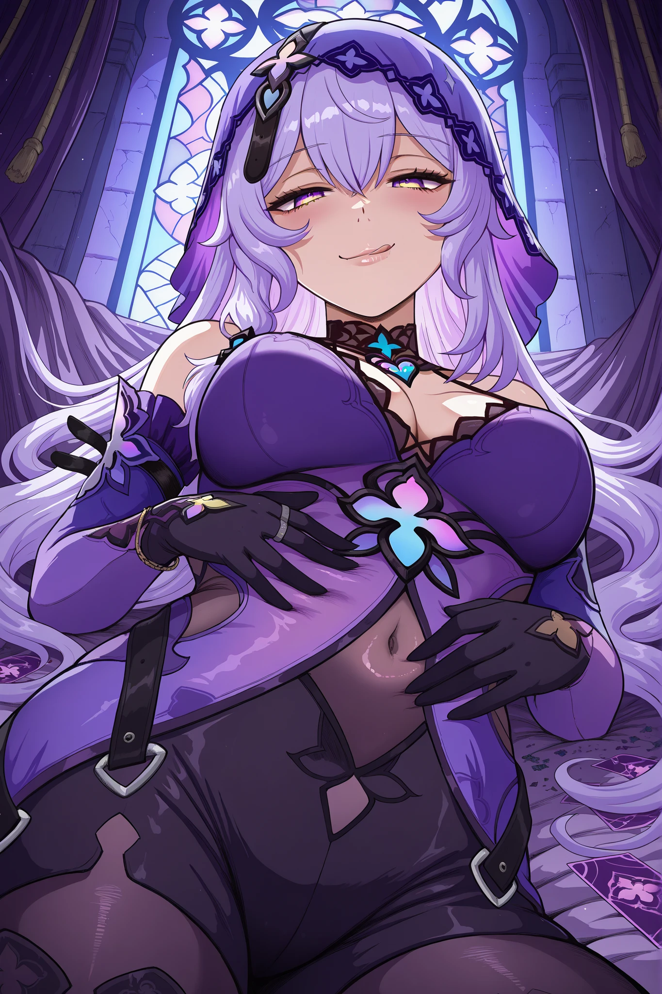 karbostyle, 1girl, solo, smile, smug , half-lidded eyes , Black Swan (Honkai: Star Rail) , purple eyes , yellow eyes , gradient eyes , purple hair , long hair , purple veil , heart choker , lace choker , halterneck , purple dress , detached sleeves , black gloves , cleavage , see-through navel , high-waist pantyhose , black shorts , bed, lying, undone bed, strewn blankets, stained glass window, dark room, window lighting, licking lips, hand on own stomach, tinted lighting, messy room, tarot cards, stomach focus, from below, no pillows, colored lighting, upper body, four fingers