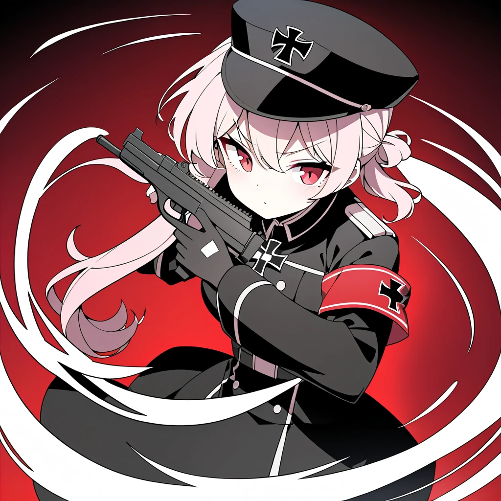 ,1girl,Anime girl with white hair and bunny ears, Red eyes, Shy blush,Serious expression,,Nuns,skirt lift,Special forces equipment,army vest,Modest chest,full Art,Character portrait,No logo,White , ,Gun in hand,point the gun at the viewer
