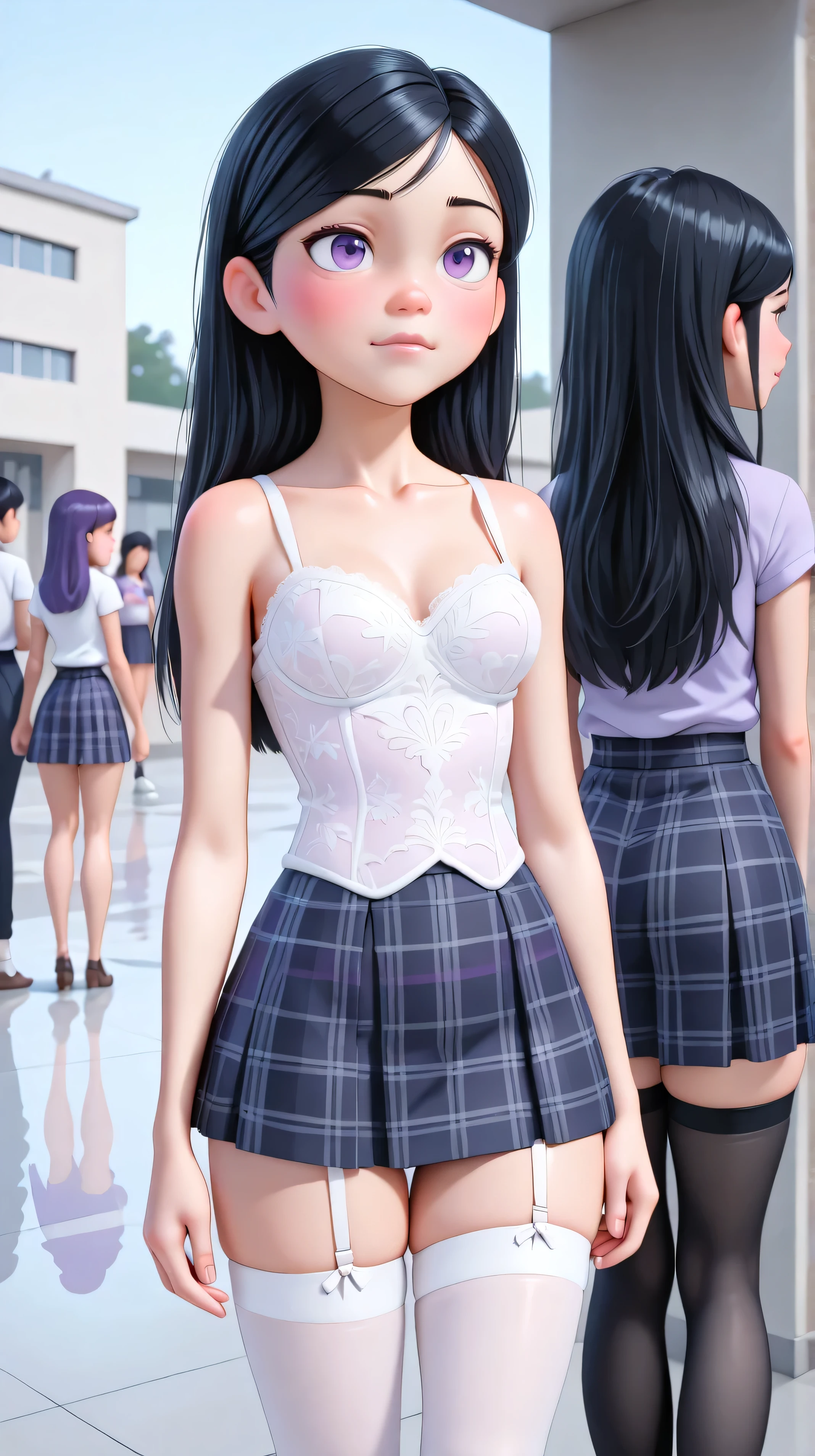 (the best quality: 1.4), (pretty face), Violet pair. Black hair with reflections cute hair, gafas redondas, (purple eyes: 1.2) short height,  light smile , exterior,school, depth of field, white lace bustier with sweetheart neckline, plaid red plaid skirt, garter belts and white tights , is coming, wide hip, wide thighs and legs, looking away. Masterpiece. Higher quality. Photo RAW. ultra detailed. Extreme Attention to Detail.  anime desk . dynamic shadows.  absurd . intricate details. CG Unity 16K High Quality Wallpaper. [alone].