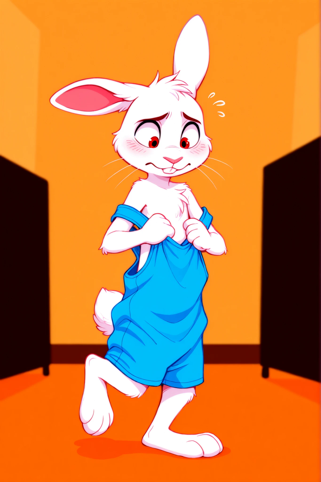 solo, 1boy, no humans, furry male, rabbit, pink nose, white fur, red eyes, whiskers, buck teeth, short, skinny, AgeRegression, Oversized Clothes, shrinking, masterpiece, absurdres, amazing quality, ultra detailed, full body, walking, waddling, leg up, barefoot, (oversized singlet:1.2), sleeveless, loose, blue singlet, strap slip, adjusting clothes, tuft, head tuft, rabbit tail, looking down, blush, embarrassed, indoors, gym, simple background, shadow, thin arms, thin legs,