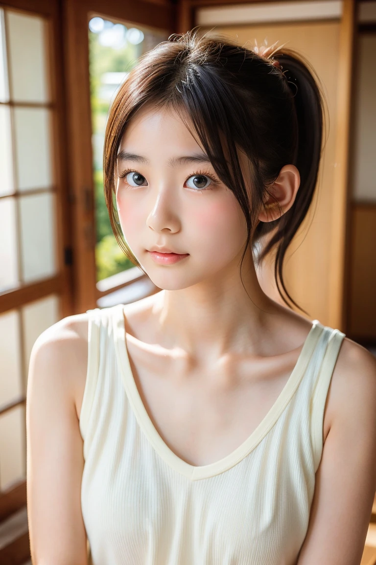 (masutepiece, Best Quality: 1.2), 8K, Official art, Raw photo, Incredibly ridiculous, (Upper body, Swimsuit, ruffle bikini), Beautiful Girl, ((Idol face, japanaese girl, 14 years old), Pony tail, Hair ribbons, Small breasts)), thin legs, Small breasts, slender, Smile, Yuko, Viola, teenager, Beach, Looking at Viewer, No makeup, Film grain, chromatic abberation, Chest Sharp Focus, Face lighting, Dynamic lighting, Cinematic lighting, A detailed face, Background bokeh,