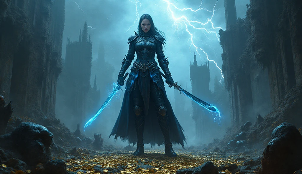 angry evil beautiful and muscular, Nordic female, towering storm  with blue black hair in a ponytail, older and mature woman, throwing a lightning ball, glowing tattoos, wearing steel runic plate mail Armour , temple cave background with lightning storm, glowing blue eyes, square jaw, powerful and imposing, winter clothing