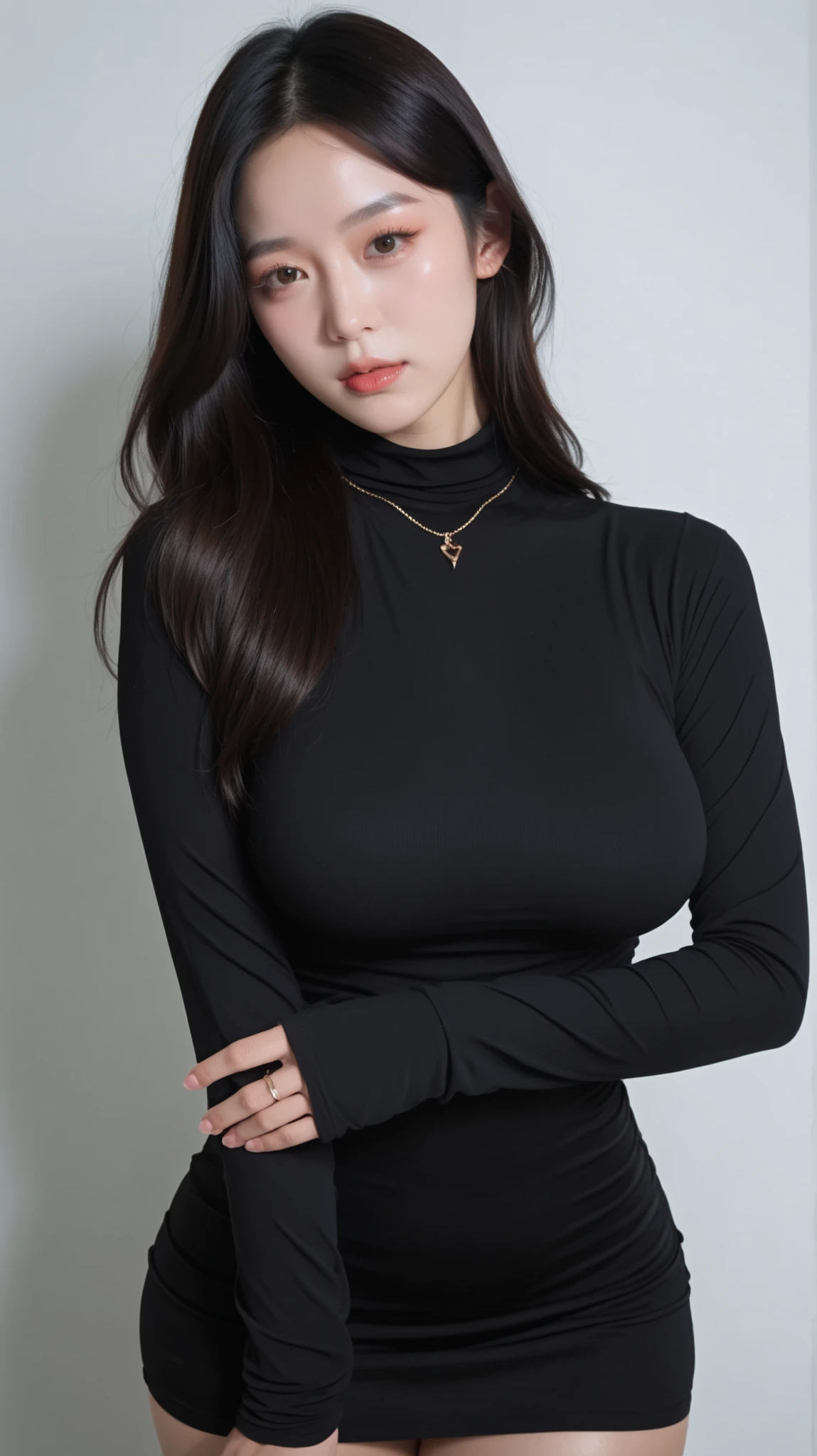 high res,32K,masterpiece,top quality,ultra detailed face, (Huge Breasts), (Wide Hips), (Wavy long black hair), Dark Brown Eyes, ((Double Eyelids)), (Long Eyelashes), (((Korean Girl))), (((White Skin))), Beautiful Makeup, (Eyeshadow), Thick Thighs, Very Elaborate Eyes, Natural Light, (Masterpiece, Top Quality), (Sexy Beauty), serious face, saggy breasts. (((black shirt-style mini dress))) (high-neck), long sleeves, ruched/shirring details. (chic pose with one hand touching hair). The background is a clean and minimalist studio setting with solid white or light gray walls and floor. The background is slightly out of focus compared to the subject, enhancing the focus on her. The lighting is soft and even studio illumination, brightly and radiantly lighting the subject to highlight her skin tone and the textures of her outfit. Shadows are minimal to very soft.