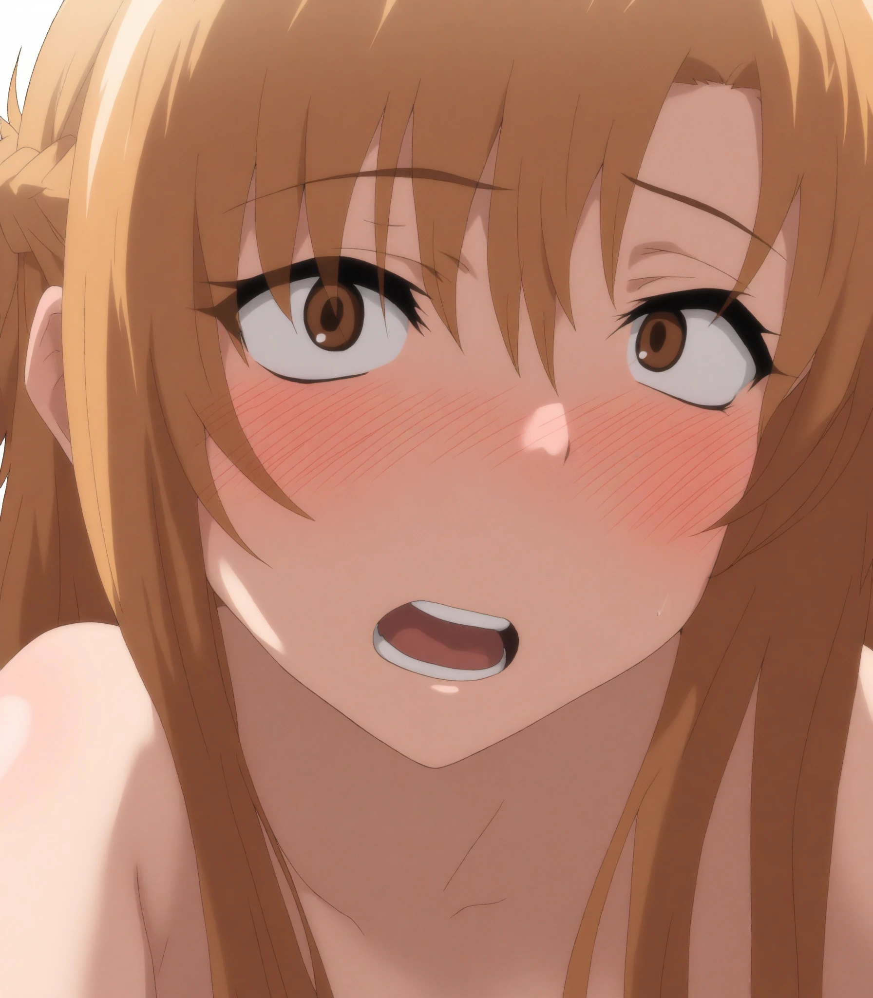 Highest quality、Very detailed、High resolution illustrations、Ultra-high-definition CG、８k size wallpaper、Production art、Light Novel Illustration、(One Girl), asuna yuuki, long hair, bangs, brown hair, brown eyes, very long hair, braid, Long Hair,Beautiful background ,Completely ??????????????????????????????????????????????????????????????????????????????????? are in full view, Drunk look, Kneel、Hot body、Sweaty、 Browsing Caution、Verbal invitation、In the heat、１male、他人のを掴む、Upper Body、Large veins penis,　(((Blowjob)))、(((deepthroat)))、(((Cum in mouth:1.0)))、(((Facial:1.5)))、(((pojecile )))