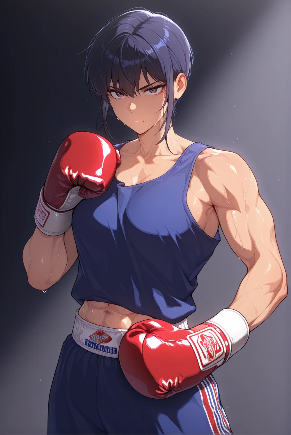 , super muscular, sweat-drenched body, 22-year old short black hair handsome caucasian male wearing boxing gloves, sweat-drenched white boxing shorts and boxing shoes, panting, sitting on a stool in the neutral corner with coach, in the boxing ring