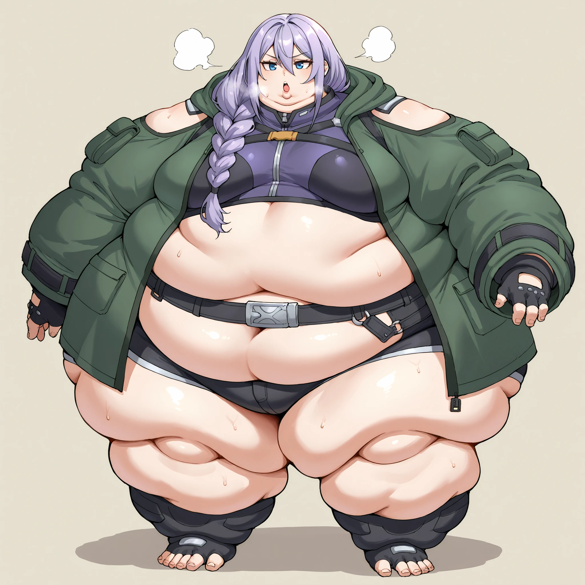 zPDXLxxx, Luna, blue eyes, purple hair, long hair, braid, hair over shoulder, hair between eyes, bangs, small breasts, coat, green coat, hooded coat, shoulder cutout, long sleeves, shorts, short shorts, black shorts, midriff, belt, fingerless gloves, black gloves, fat, chubby, obese, fat neck, multiple chins, big breasts open mouth, out of breath, Larger female, full body shot, only head, large head, oversized limbs, large hands, large feet, oversized feet, oversized fingers, big lips, plump lips, fat face, fupa, big fupa, fat fupa, hunchback
