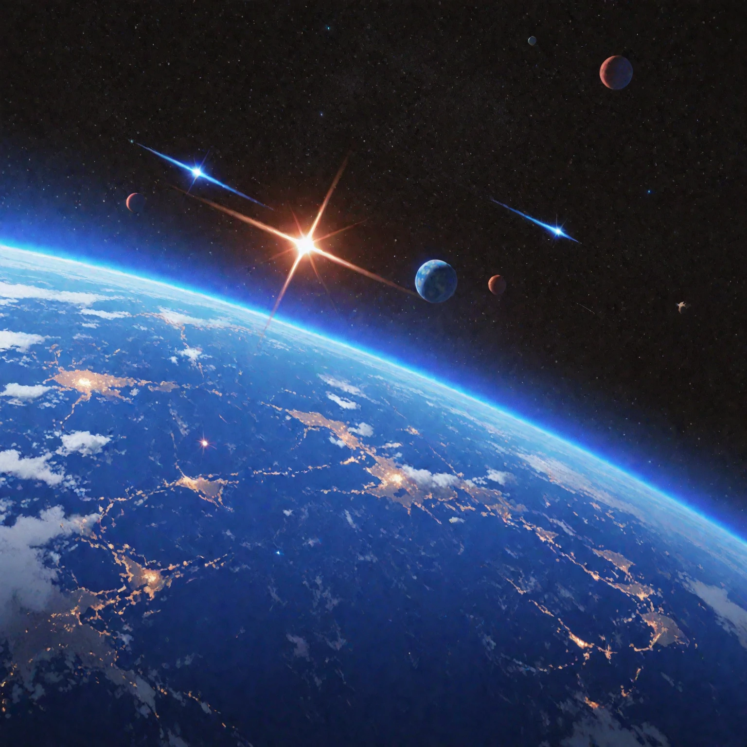 Around the Earth, you can imagine a circle of small dots representing satellites. They may be in different orbits around the Earth. These satellites could be at various altitudes and angles, forming a circular structure around the Earth. Depending on their purposes, these satellites could be for communication, weather monitoring, navigation, etc. Typically, satellites are evenly distributed around the Earth, but there might also be clusters deployed in specific regions for better service provision.