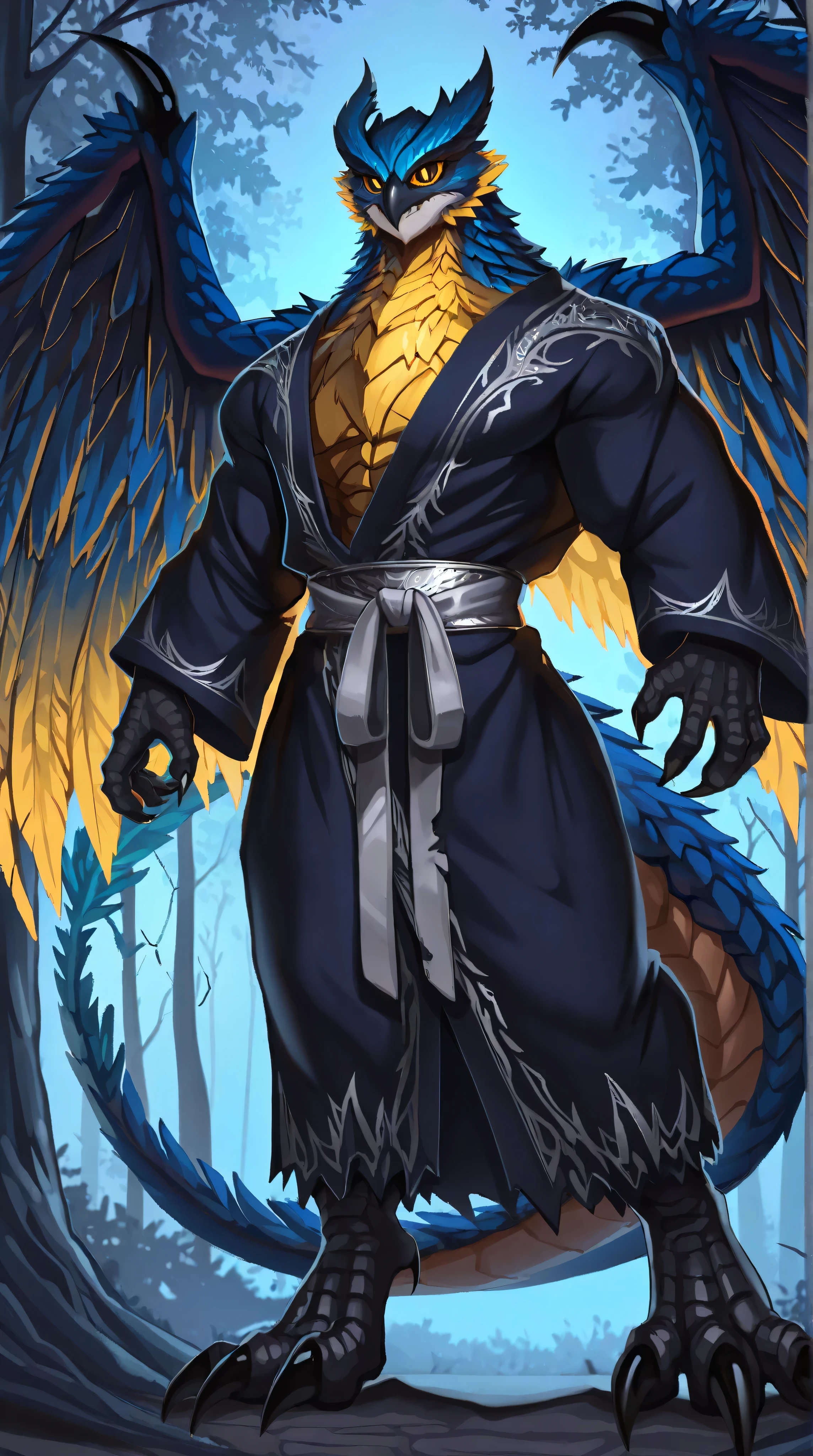 Dsharp, Best quality , newest , masterpiece , absurdres , highres , Forest background, dim light, dense forest, dusk, Muscular , perfect anatomy, male , Dragonborn , deep blue scales, deep blue scaled body, blue body , tear eyes, black slit pupils, black vertical pupils, clawed hands , clawed feet , black claws , dark yukata with silver embroidery, long yukata, silver sash , well-groomed , neat clothes , thick tail , digitigrade, standing, angry face, roar, sharp eyes , detalied eyes , detailed face , perfect hands, long claws, black claws , body covered in dark yukata with silver embroidery with long sleeves. wings, dragon wings, blue dragon wing, blue wings, torn wings, torn membrane wings, sliced membraned wings, blue over tail, blue tail, dragon, (feathers, blue feathers, yellow feathers, white feathers , feather tail, large claws, talon feet, hybrid form dragon-owl, feather dragon, dragon owl, Feather wings, dragon-malfestio (face features dragon-owl)), SFW, tied sash,