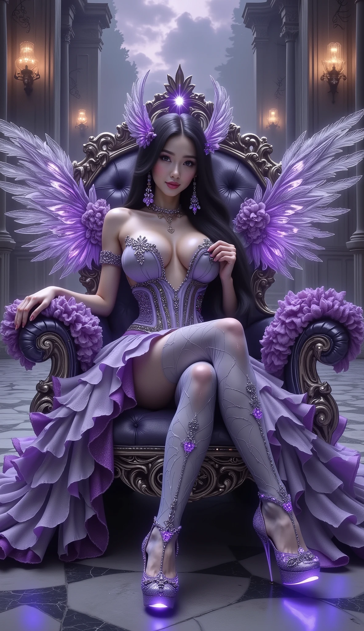 👑 1. Silhouette & Pose
- Seated posture: Upright and graceful, conveying confidence and authority.
- Hand placement: Likely resting on the throne’s armrest or lap, suggesting calm control.
- Body orientation: Facing forward, emphasizing her central and commanding presence.
---
👗 2. Outfit & Textures
- Shimmering purple strapless gown: Made of satin or organza-like fabric with a soft glow, reflecting ambient light.
- Corset bodice: Embellished with intricate embroidery, enhancing her regal silhouette.
- Layered skirt: Flowing and voluminous, adding movement and elegance.
- High-heeled shoes: Decorated with glowing purple gemstones, reinforcing the magical theme.
---
💎 3. Accessories & Ornaments
- Hair jewelry: Crystals or metallic accents, possibly shaped like flowers or royal emblems.
- Earrings & necklace: Coordinated in purple and gold tones, adding luxury and refinement.
- Floral ornaments: Placed around the hair or shoulders, offering a soft, feminine touch.
---
🪽 4. Wings
- Material: Appears feathered and semi-transparent, with a radiant glow.
- Color: Gradient from deep violet to light lavender, creating an ethereal effect.
- Structure: Symmetrical and expansive, evoking a divine or celestial presence.
---
💫 5. Expression & Aura
- Facial expression: Serene and dignified, possibly with a subtle, mysterious smile.
- Makeup: Soft yet dramatic—purple eyeshadow, luminous highlights, plum-colored lips.
- Overall aura: She radiates power, elegance, and mysticism.