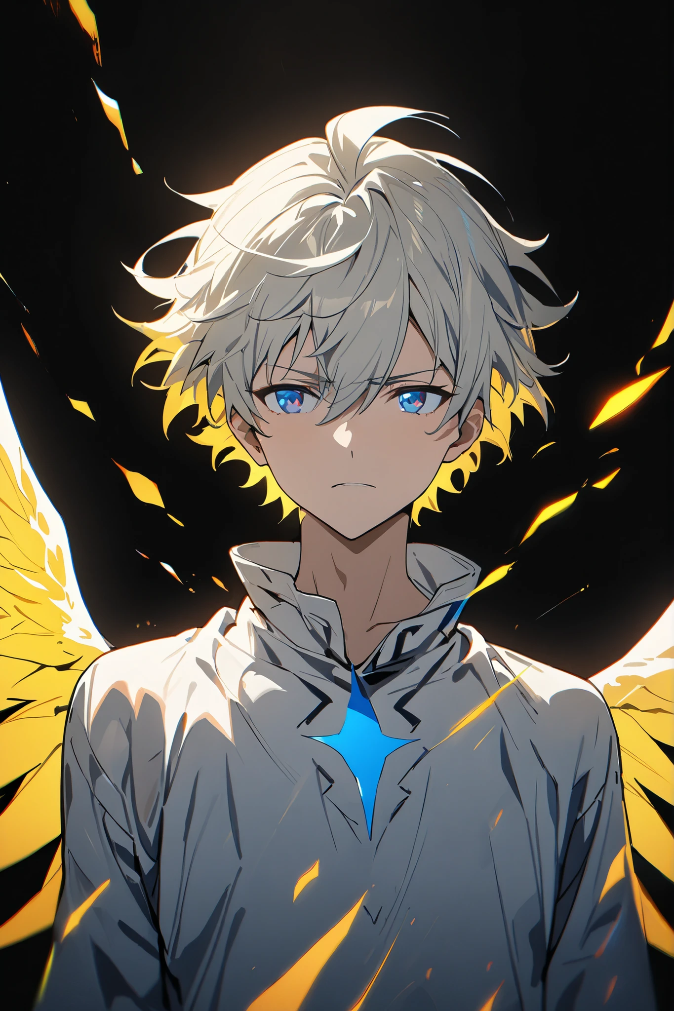 [(BLACK BACKGROUND:1.5),::5], ((masterpiece)), high quality, ultra very high resolution, full color, ((solo)), ((adult male)), ((men's white Short hair), (inner yellow hair), (blue eye.), anime, (upper body), (Wings EFFECT:1)