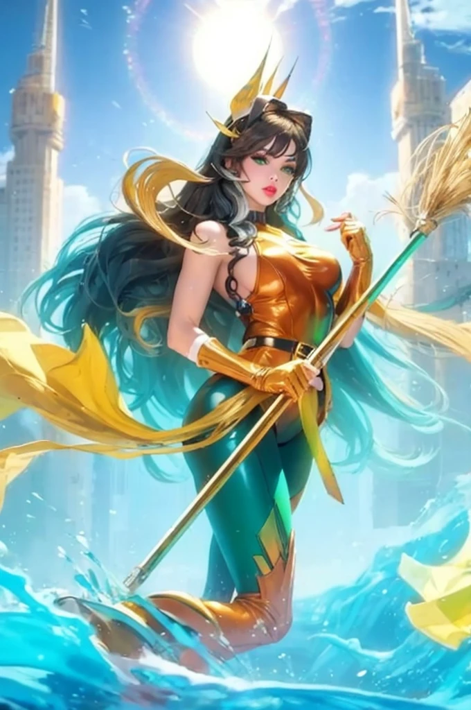 Model majicMIX brunette (( solo )) with face and body, like Jodie Gasson , Dressed in a yellow fairy dress , stands in full growth , Her shoes and ??????? are visible , She has a long magic staff in her hand , Front light.