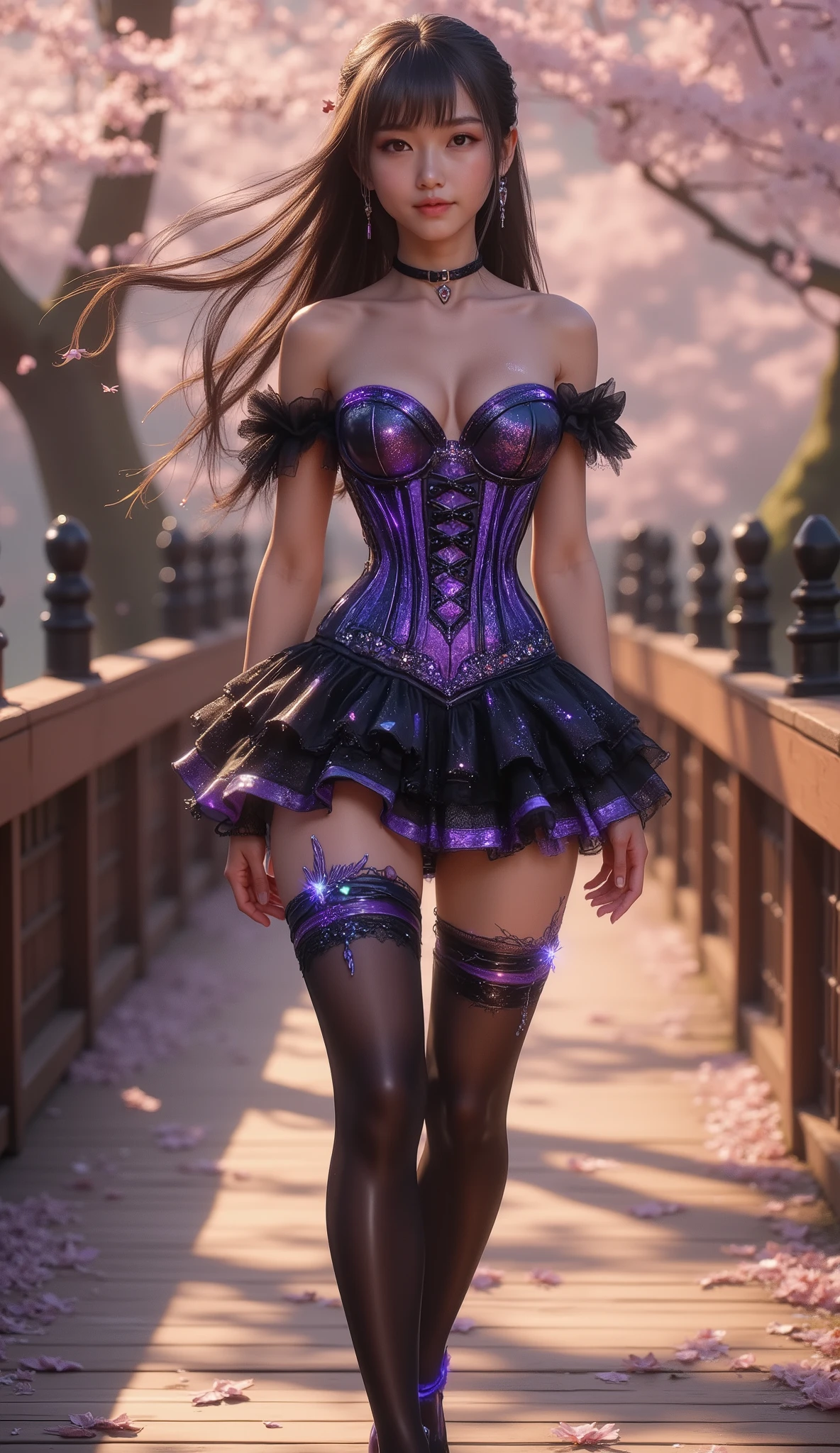 Taken from below, 4K, hyper-detail, hyper-texture of clothing, a 17-year-old young Asian girl with a cute face with a sweet appearance and white skin, a tall body, a slim and small belly, a wide waist, a shiny body, a shiny costume, long and sexy muscular legs, and giant breasts. wearing a strapless spiral V-cut corset with a deep cleavage with a galaxy pattern that reveals her navel, shaped by very tight black diamonds with intricate details, a ruffle micro mini skirt and black nylon stockings with sexy high blue lace with a galaxy pattern, the stockings reach her crotch, she also wears high-heeled stilettos and a high top with straps, purple high heels emit shining light from her feet, reminiscent of a fantasy style. This piece features intricate details, including sparkling blue gemstones and feather-like textures and flashes of blue light that adorn her tight corset. the shiny color of the corset adds to the fantasy feel, while her long black hair flows in waves over her shoulders. Walking in a wodden bridge studio shoot with a golden light and falling cherry blossoms in the background, purple gemstone and plant decorations a full body masterpiece, with backlight and shadow under her feet