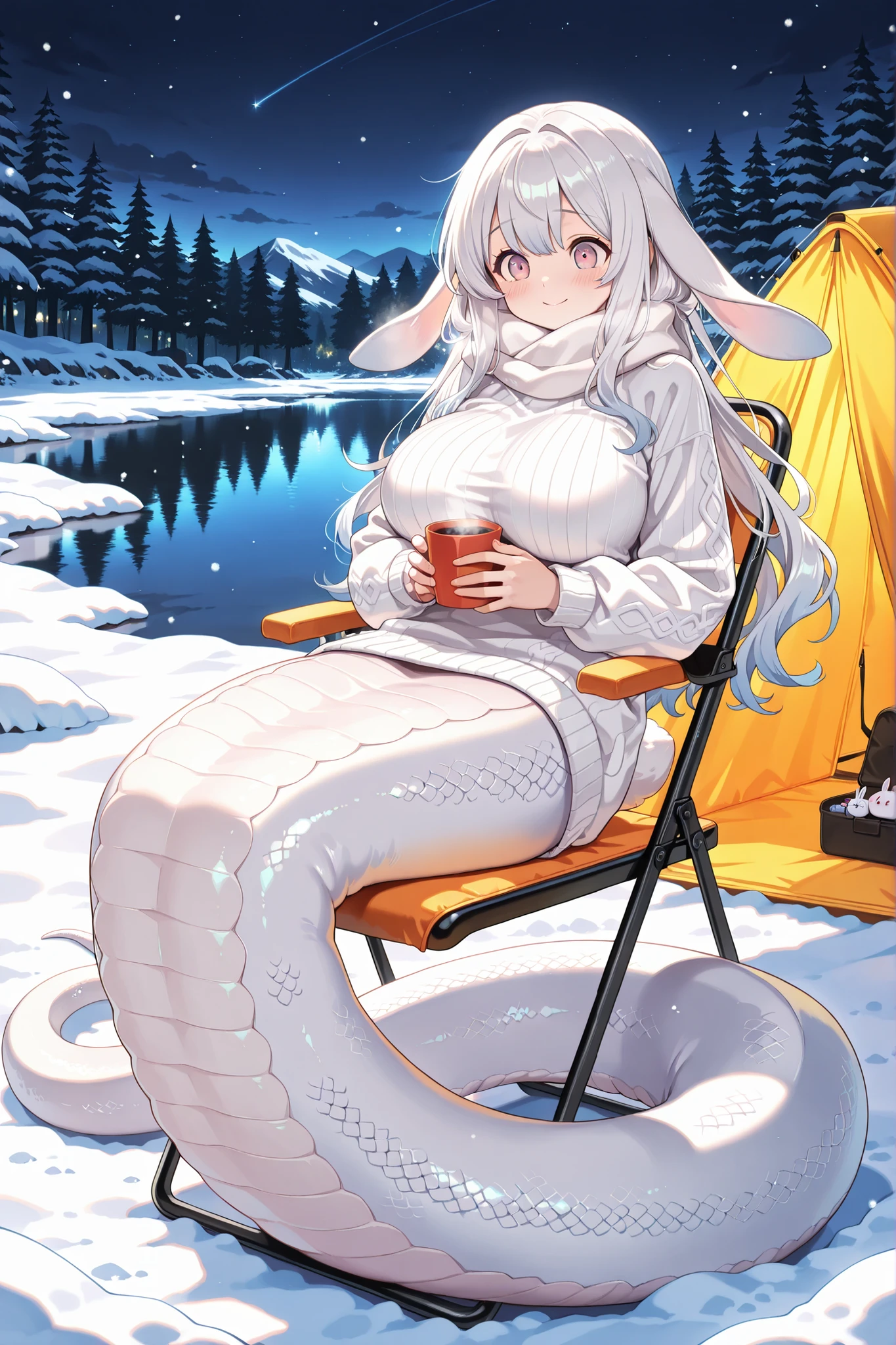 1 female, big boobs,malice pawn march hare, blush,White hair,white long-sleeved sweater, white scarf ,Rabbit ears,masterpiece,Up to,HD,very beautiful,cute,absurd,(All five fingers ),lamia,White snake tail ,beautiful woman,Beautiful Woman,The lower half of the body is a white snake tail,Smile,Shy,Winter camping scene,snow-covered meadow,camping scene background,Night view,lake,tent,Forest,角色在tent旁边,Wrapped snake tail,in a folding chair,Hands holding a cup,full body photo of the grade