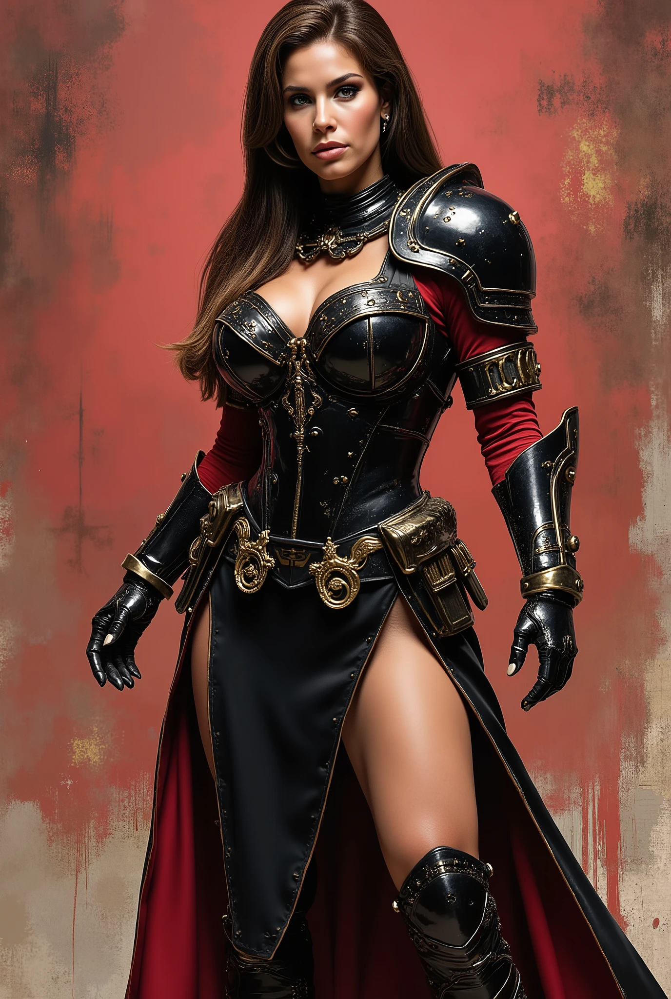 An extremely detailed comic book illustration in a dark fantasy or gothic style depicting an extremely curvaceous young woman in her late s wearing intimidating black power armor inspired by the armor of Warhammer 40k decorated with scrollwork in metallic gold accents and featuring a high collar or gorget with metallic accents with eagle Aquila symbolism like a science fiction dark fantasy roman legionnaire meets samurai in an art style inspired by Frank Miller and Conan the Barbarian . The armor appears to be black with red accents gold trim and combines elements of Warhammer 40k grim dark science fiction fantasy with elements of roman legionnaire armor and samurai armor and has a dramatic slit in the skirts to show off her extremely long legs . The artwork has a realistic quality while maintaining a stylized , fantasy aesthetic . The lighting in the piece creates dramatic shadows and highlights , particularly on the face and armor details . The overall mood of the piece is intense and somewhat dark , fitting for what seems to be a warrior or battle-oriented character . The background is in textured brushstrokes in shades of roman red , gold , and black . Standing in a dynamic action pose . Trending on Art Station