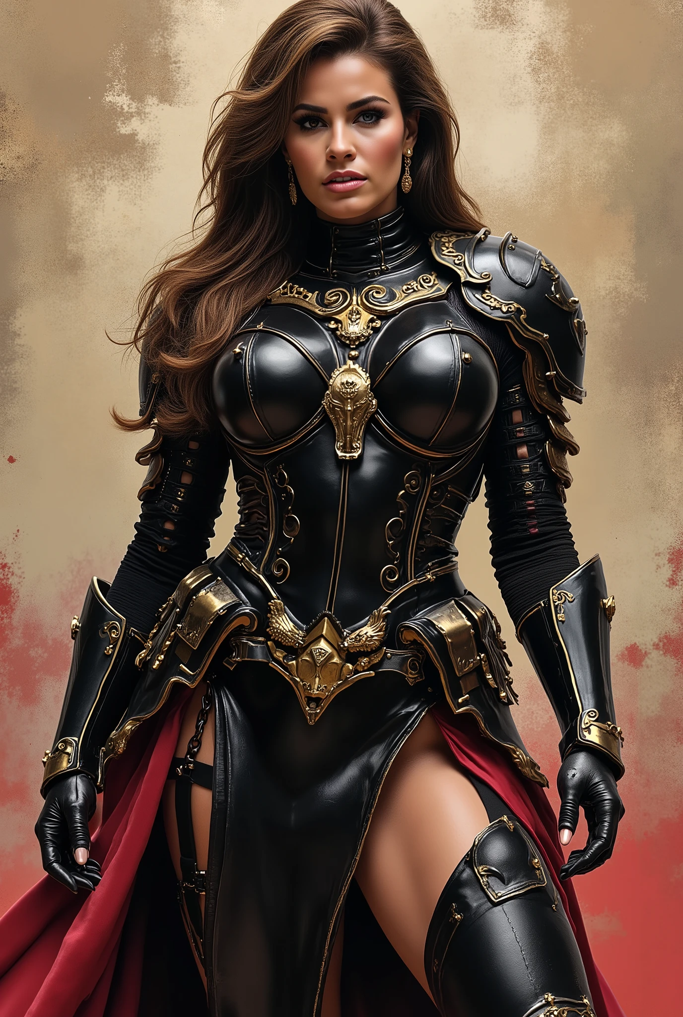 An extremely detailed comic book illustration in a dark fantasy or gothic style depicting an extremely curvaceous young woman in her late s wearing intimidating black power armor inspired by the armor of Warhammer 40k decorated with scrollwork in metallic gold accents and featuring a high collar or gorget with metallic accents with eagle Aquila symbolism like a science fiction dark fantasy roman legionnaire meets samurai in an art style inspired by Frank Miller and Conan the Barbarian . The armor appears to be black with red accents gold trim and combines elements of Warhammer 40k grim dark science fiction fantasy with elements of roman legionnaire armor and samurai armor and has a dramatic slit in the skirts to show off her extremely long legs . The artwork has a realistic quality while maintaining a stylized , fantasy aesthetic . The lighting in the piece creates dramatic shadows and highlights , particularly on the face and armor details . The overall mood of the piece is intense and somewhat dark , fitting for what seems to be a warrior or battle-oriented character . The background is in textured brushstrokes in shades of roman red , gold , and black . Standing in a dynamic action pose . Trending on Art Station
