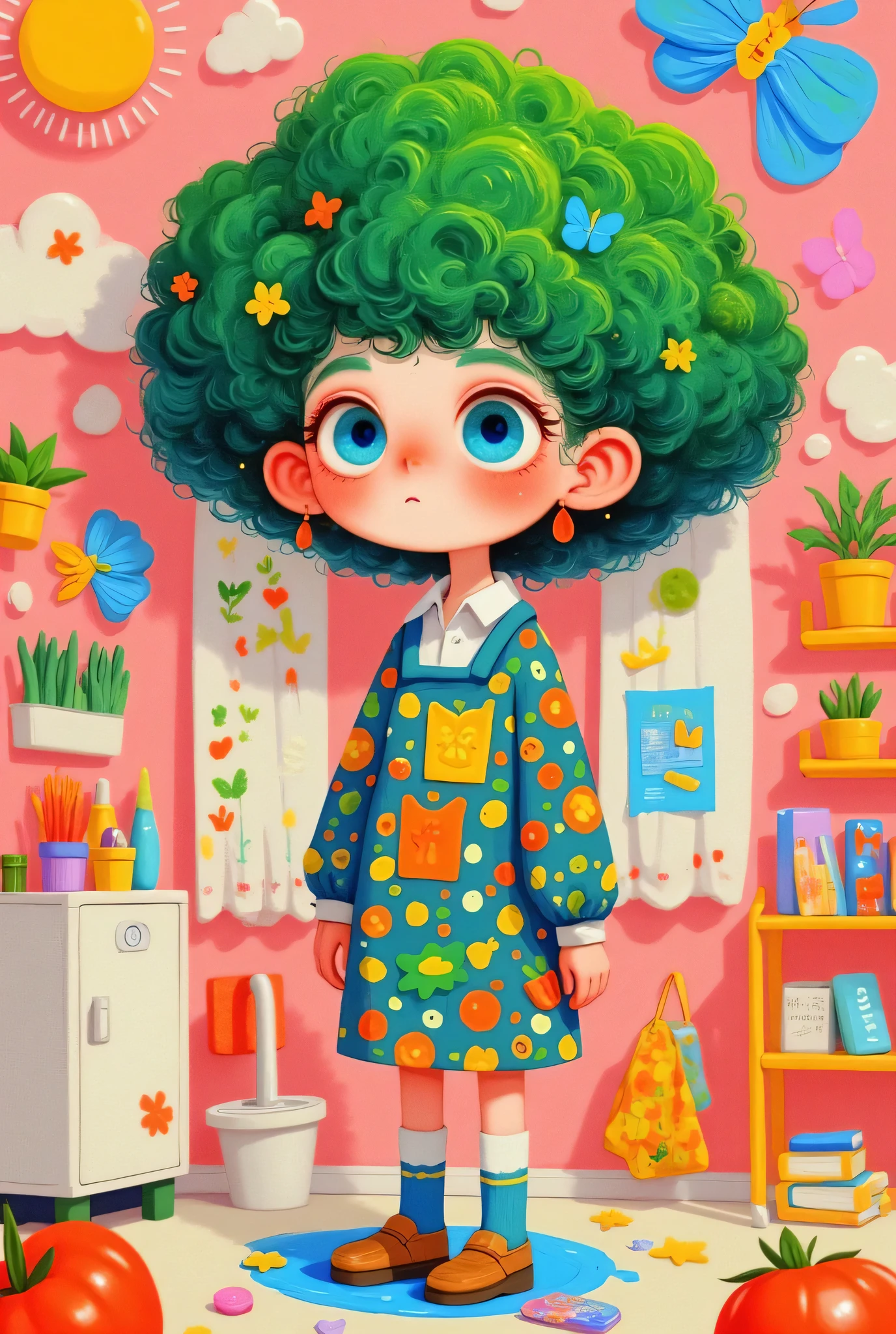 Storybook illustrations,A cartoon girl standing in a room, Ryan Yee , Popular on ArtStation, pop surrealism, Broccoli Hair , cute detailed digital art , colorful illustration , Lovely art style, 可爱的数字艺术, Cute illustrations, 可爱的细节艺术品 , Colorfull illustration, art on artstation , a beautiful art illustration ,