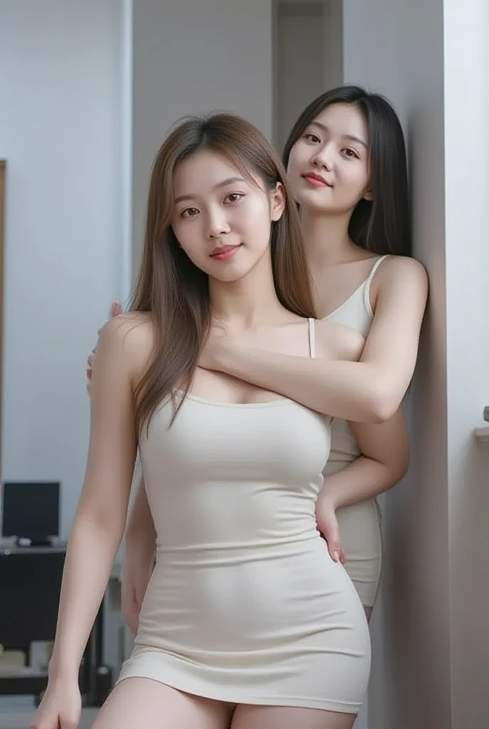 ((top quality, 8k, masterpiece: 1.3)), 1 girl, beauty with accentuated slim abs: 1.3, (casual hairstyle, big: 1.2), casual wear: 1.2, interior, super detailed face, delicate eyes, double eyelids, soft breasts, smile,  cleavage Three beautiful sisters