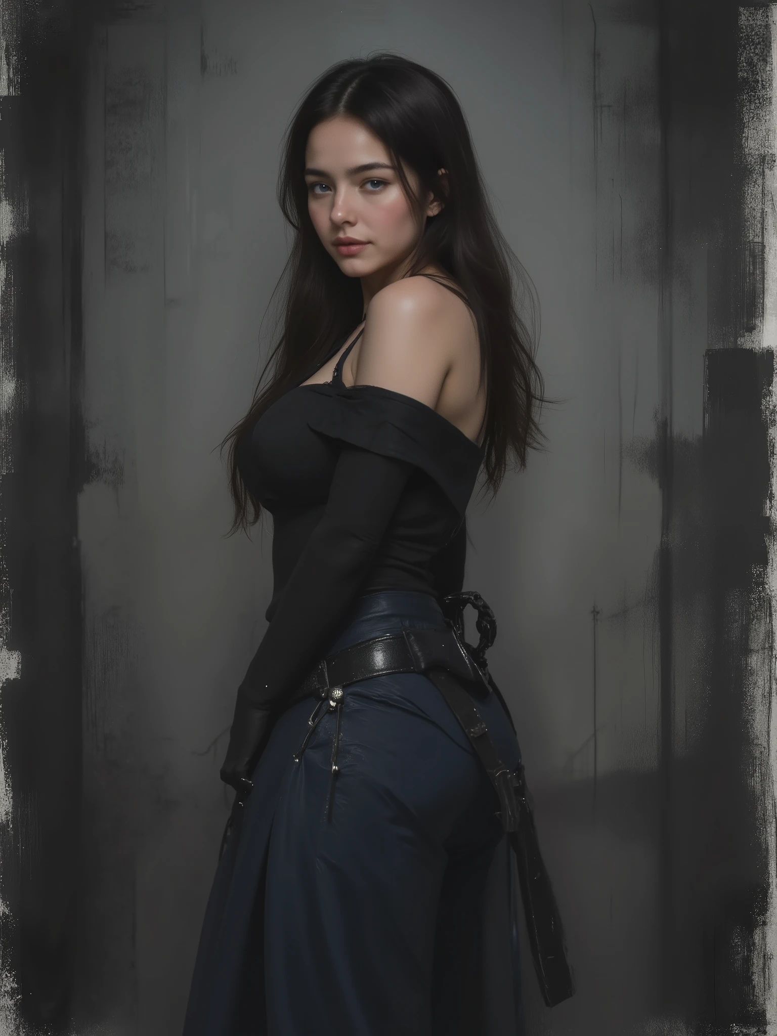 sketch painting, marinette Dopanchan, A very beautiful and cute 22 year old woman with a slight smile. (((Shy smile))), sharp focus on the face, (((Western eyes:1.5))), (((Extremely detailed ice-blue eyes, beautiful eyes, beautifully detailed eyes))), (((delicately detailed thin pink lips))), (((long hair, shiny hair))), (((black medieval steampunk style sleeveless t-shirt))), (((Dark Blue medieval steampunk style leather warrior pants))), (((full body view, dynamic pose, standing:1.5, graceful pose))), (((The background is Dark Gray and painted with expressive, visible textures using dynamic brushstrokes and strokes that add depth and movement. The paint covers only the area just behind the subject. The outer edges of the image with black margins, as if the background had been painted with a brush and with expressive and visible textures using dynamic brushstrokes and strokes fading toward the edges creating a modern and artistic vignette effect))). Cinematic lighting, soft depth of field, (((masterpiece/high resolution/Best Quality/top quality/high quality/UHD/16k quality))), sharp focus, no blur, film grain, bokeh.