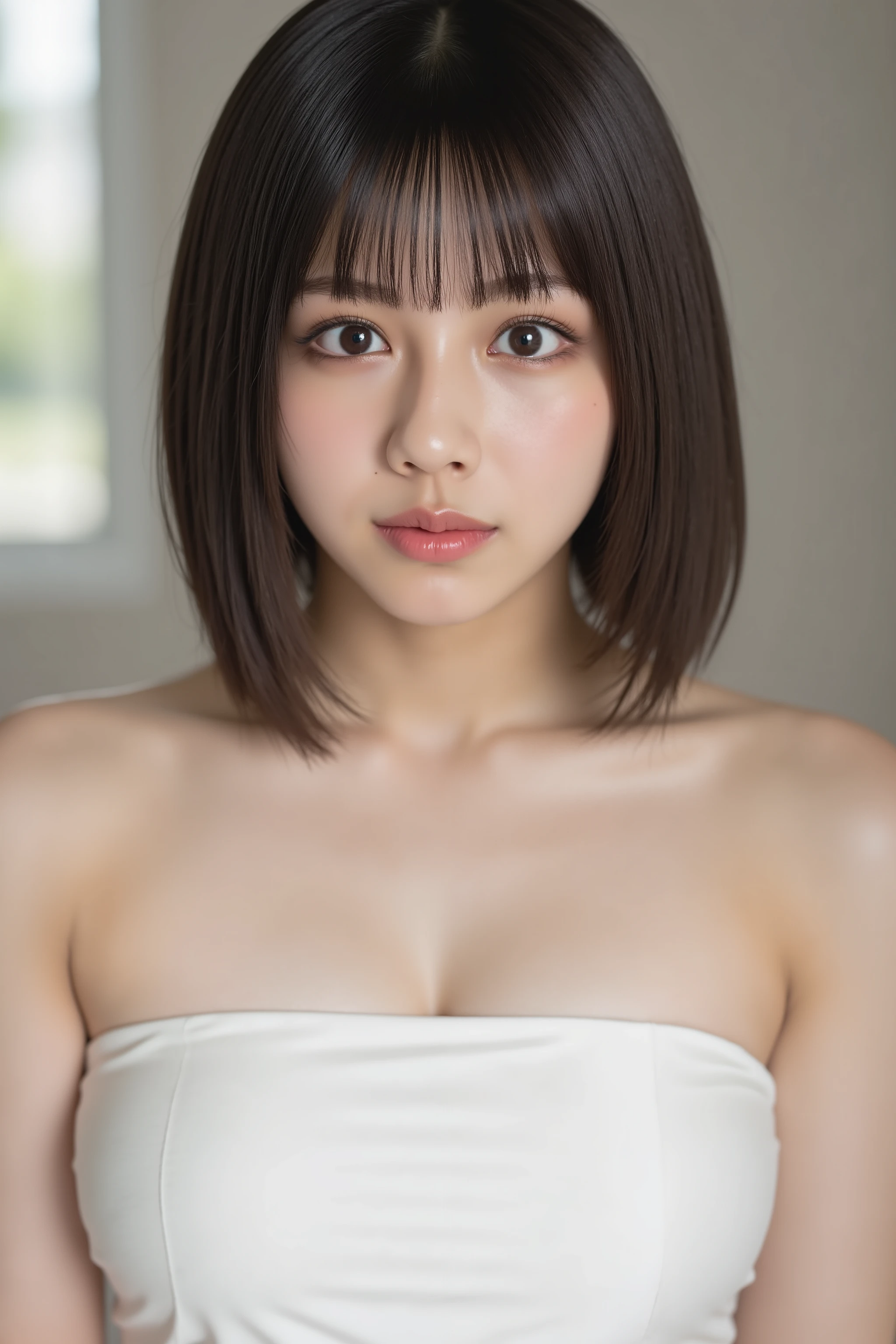 Masterpiece, High quality, High resolution, Realistic, 8K, 16K,
Anatomically accurate,
This photo captures a beautiful Japanese woman. Vibrant woman,
white tube top, off shoulder, satin clothing,
Fashion magazine energy. Medium breasts.
The image is very high resolution, with clear skin texture.
The focus is very sharp and focused on her face.
This is an ultra-high resolution image.
Natural makeup that looks like no makeup.
Blurred background.