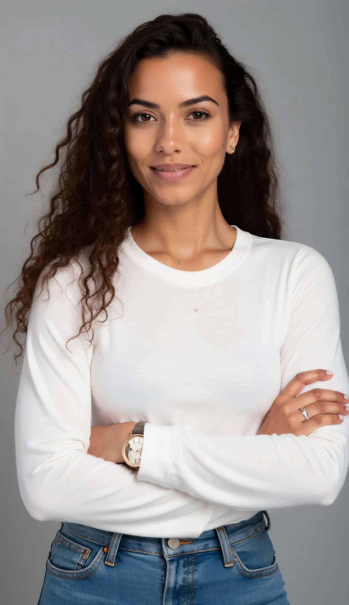 Combined Positive Prompt
A medium, full-body studio portrait of a 23-year-old American social media influencer, confident and warm presence. Sharp jawline, naturally dark skin, endearing single dimple on one side, serene smile, expressive clear brown eyes. (Extremely detailed and authentic skin texture:1.4), (visible pores:1.3), (subtle facial redness:1.2), (very fine hair details on skin:1.2), (natural skin imperfections:1.3), (occasional small blemishes:1.1), (faint acne scars:1.0), realistic skin tone variations, natural skin sheen, not flawless, not airbrushed, unretouched, real human skin. Her (long, curly brown hair:1.1) is styled in flowing, soft curls that cascade over her shoulders, with a few wisps around the face. Classic hourglass figure. Posed thoughtfully, one arm crossed, other hand gently resting on her chin. Clean, casual style: crisp white long-sleeve t-shirt neatly tucked into stylish, blue high-waisted "mom" jeans. Subtle elegant accessories: small minimalist earrings, delicate pendant necklace, classic understated watch. Solid neutral grey screen background. (Bright, natural studio lighting:1.2), (distinct side lighting highlighting skin texture, hair strands, and clothing fabric:1.3), soft shadows to enhance depth and realism. (ultra-photorealistic:1.4), (cinematic photograph:1.3), (highly detailed 4K:1.2), professional photoshoot.
Negative Prompt (Crucial for Contrast):
(perfect skin, flawless skin, smooth skin:1.5), (airbrushed:1.4), (plastic skin, glossy skin, ceramic skin:1.3), doll, toy, barbie, render, CGI, 3D, digital art, illustration, painting, drawing, cartoon, anime, blurry, out of focus, bad , deformed, disfigured, bad hands, extra limbs, missing limbs, watermark, text, signature, low contrast, oversaturated.
