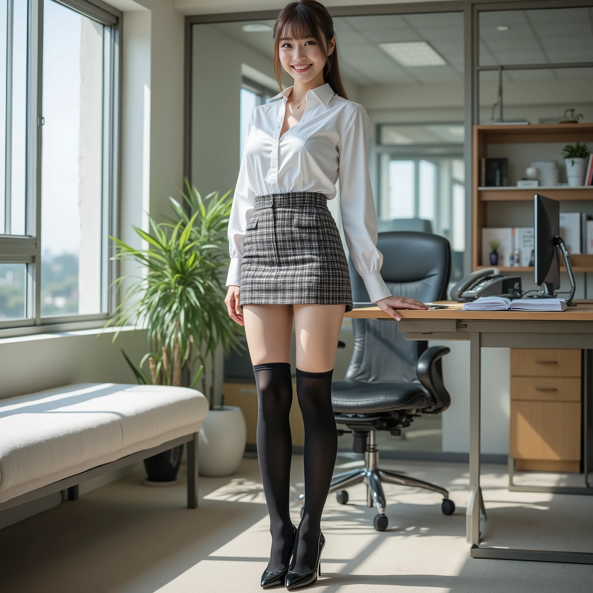 (Realistic:1.2), (full body shot:1.8), (((luxurious rich black high socks:1.8))), (shiny black high heels:1.8), Full body portrait 、 beautiful japanese model、39; thick legs、 womanhood 、39; office worker uniform 、 rich black socks below the knee, smile、white bench on the floor、 open your legs slightly 。 She's a breathtakingly stunning and perfect Instagram model. with perfect legs wide open 、Plaid Skirt。 beautiful feet、 super realistic skin texture 、 beautiful、Radiant Skin。 A womanhood bank employee。Very beautiful long slim legs, Elegant legs, Legs close-up, stretching from, low angle, Glass-walled office room , the sun is shining, Bookshelf, flower pot, desk sitting on the bed, coffee cup, Stack of documents, Landline, brown hair, Bang, low ponytail, light smile, surrealism, from below, Uhigh definition, MESH FILM, masterpiece, correct, anatomically correct, Textured Skin, Super Detailed, high detail, high quality, Highest Quality, high definition, 1080P, high definition, 4K, 8k, 16 kg, 32K