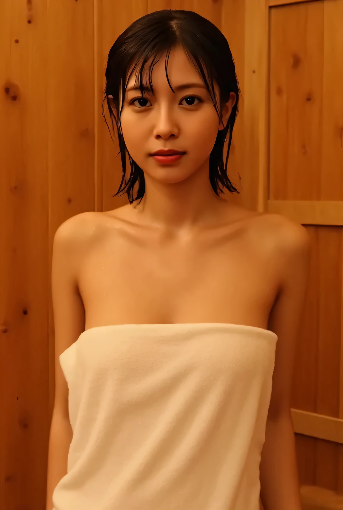 (Highest Quality、Table Top、8k、best image quality、Award-winning work)、one beautiful Japanese woman、(chignon:1.3)、(ELEGANT WOODY SAUNA WALL BACKGROUND:1.2)、(A woman's body is perfectly wrapped in a bath towel:1.5)、(the most romantic and moody dim warm lighting:1.5)、(sitting in a sauna:1.2)、(THE MOST GLAMOROUS BODY:1.5)、( wet shiny hair :1.2)、(Ultra HD moist and shiny skin:1.1)、(Ultra HD shiny and moist skin:1.1)、(smile staring at me:1.2)、Ultra High Resolution Beautiful Face、perfect and beautiful teeth with super high resolution、ultra high definition hair、( Ultra High Resolution Wet and Glowing Skin :1.1)、Super Hi-Res Gloss Lip、(Accurate Anatomy:1.2)、(Sweaty, damp skin:1.2)