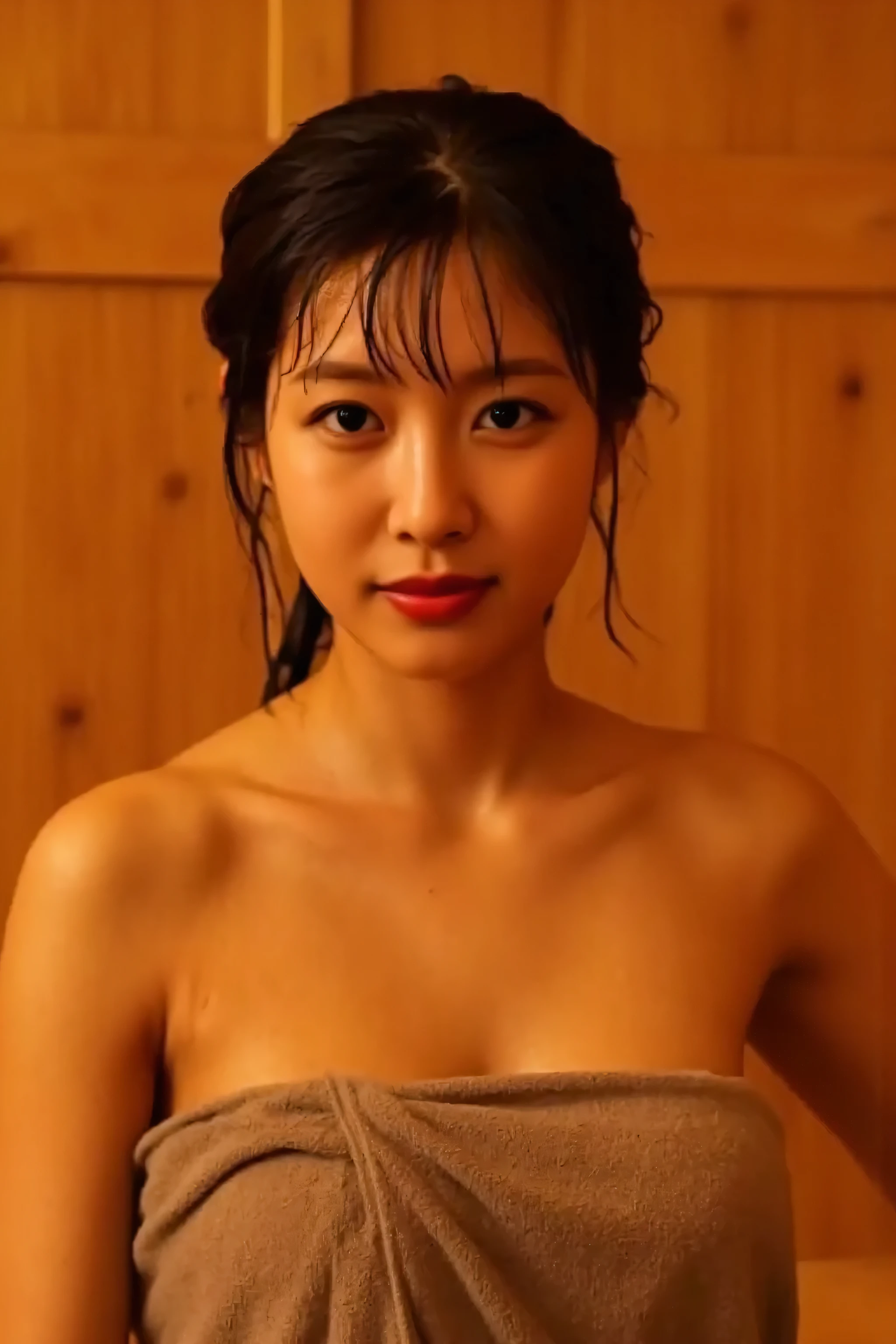 (Highest Quality、Table Top、8k、best image quality、Award-winning work)、one beautiful Japanese woman、(chignon:1.3)、(ELEGANT WOODY SAUNA WALL BACKGROUND:1.2)、(A woman's body is perfectly wrapped in a bath towel:1.5)、(the most romantic and moody dim warm lighting:1.5)、(sitting in a sauna:1.2)、(THE MOST GLAMOROUS BODY:1.5)、( wet shiny hair :1.2)、(Ultra HD moist and shiny skin:1.1)、(Ultra HD shiny and moist skin:1.1)、(smile staring at me:1.2)、Ultra High Resolution Beautiful Face、perfect and beautiful teeth with super high resolution、ultra high definition hair、( Ultra High Resolution Wet and Glowing Skin :1.1)、Super Hi-Res Gloss Lip、(Accurate Anatomy:1.2)、(Sweaty, damp skin:1.2)