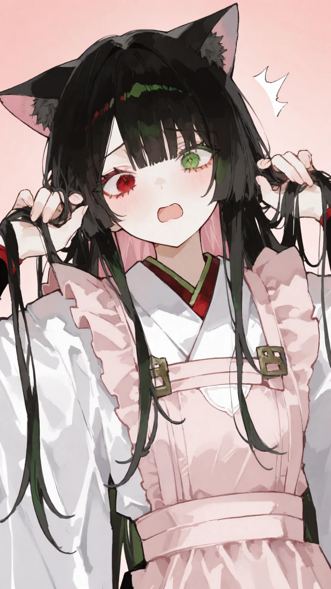 Cat Ear Girl,Black hair, green eye and red eye,long hair,ถักผมปล่อยlong hair,white kimono,Servant , worried, open mouth,surprised,Light Red Background, superhero pose,Gather your hair on high,heterochromia ,maid kimono,Light Pink Aprons