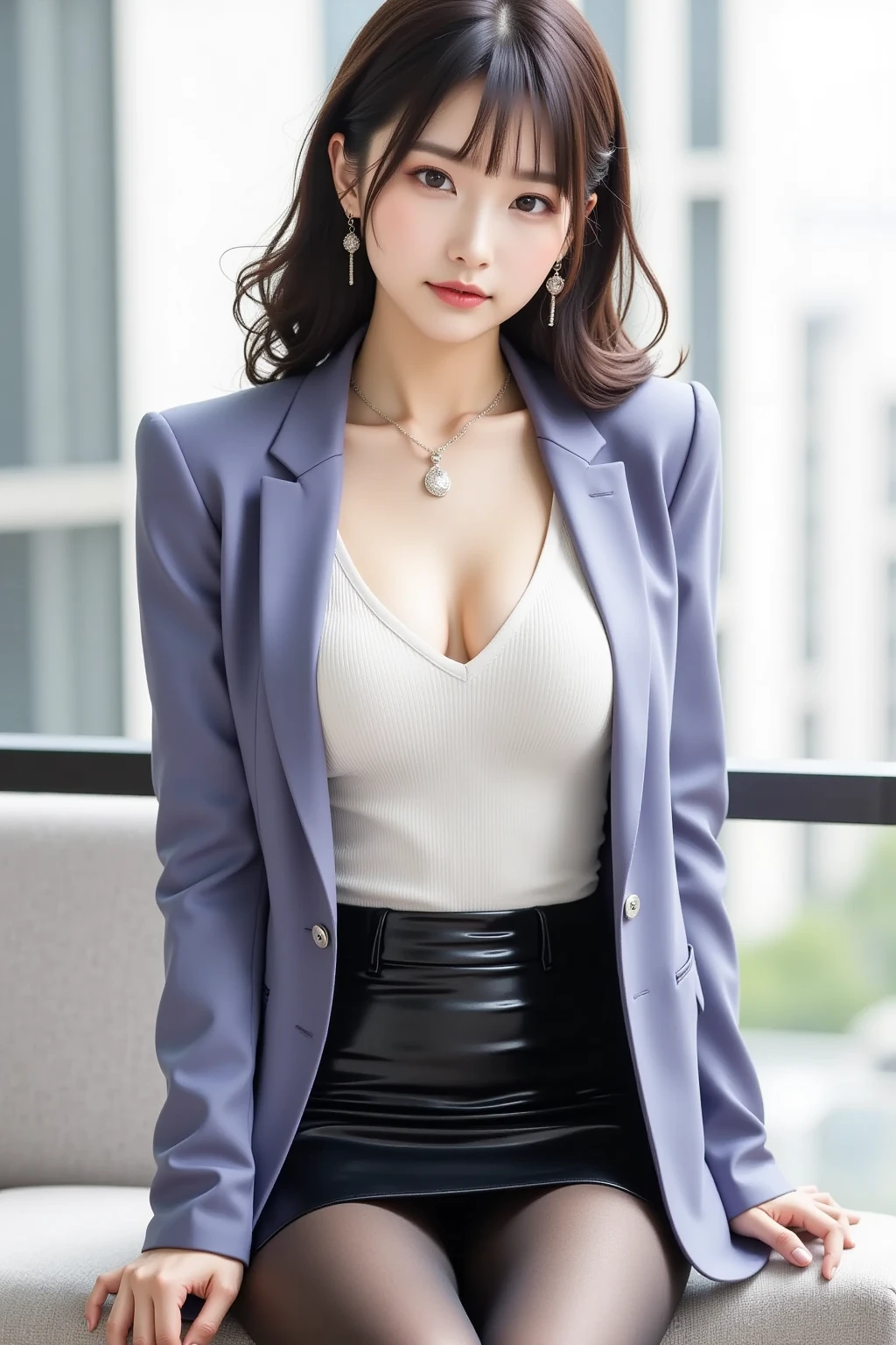 1 female), beautiful, Great face and eyes, Compensate, (Very detailedbeautiful顔), Captivating smile, (highest quality:1.4), (Very detailed), (very detailed CG synthesis 8k wallpaper), Very detailed, RAW Photos, Professional photography, (Dark purple suit, White mini skirt:1.2), (A business shirt with a wide open ?????), length, light brown, Messy Hair、Big earrings、Sitting on a bench、