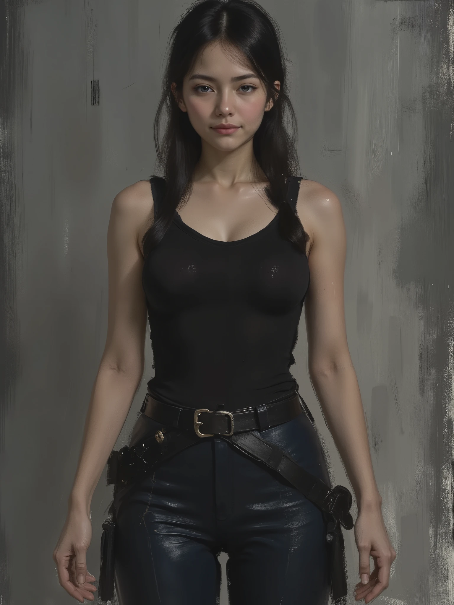 sketch painting, marinette Dopanchan, A very beautiful and cute 22 year old woman with a slight smile. (((Shy smile))), sharp focus on the face, (((Western eyes:1.5))), (((Extremely detailed ice-blue eyes, beautiful eyes, beautifully detailed eyes))), (((delicately detailed thin pink lips))), (((long hair, shiny hair))), (((black medieval steampunk style sleeveless t-shirt))), (((Dark Blue medieval steampunk style leather warrior pants))), (((full body view, dynamic pose, standing:1.5, graceful pose))), (((The background is Dark Gray and painted with expressive, visible textures using dynamic brushstrokes and strokes that add depth and movement. The paint covers only the area just behind the subject. The outer edges of the image with black margins, as if the background had been painted with a brush and with expressive and visible textures using dynamic brushstrokes and strokes fading toward the edges creating a modern and artistic vignette effect))). Cinematic lighting, soft depth of field, (((masterpiece/high resolution/Best Quality/top quality/high quality/UHD/16k quality))), sharp focus, no blur, film grain, bokeh.