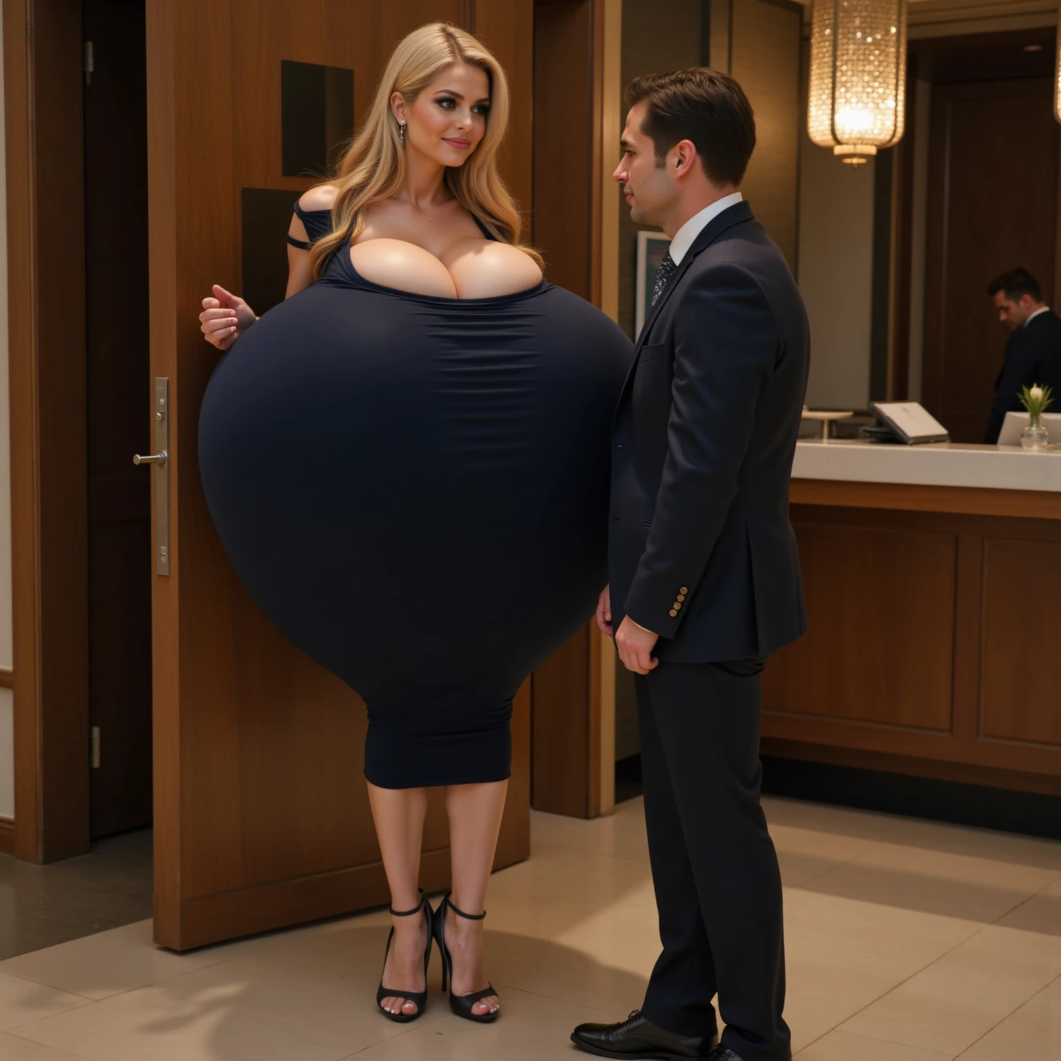  Low angle, focus on the overstretched top,  (((a massively robust hypermuscular 8ft tall, overweight thick woman in her VERY early 20s, proportionate anatomic healthy athletic body, with  green eyes and a rebellious sneer, and (((((long, choppy, jet-black hair))))))), wearing ((((overstretched turtleneck_top that barely contains her enormous form))))), stands next to a (office desk too small for her size) overlooking a (crowded office).  With her left hand supports her (((enormous ))).  (((Beside her, nervously clutching a tattered map and scanning the horizon, stands Tim, a gaunt, 5 ft tall, weathered man in his late 40s with a long, braided, salt-and-pepper beard and deeply tanned skin, wearing a loose suit))). (((Detailed office background))))). (Hyperrealistic, 8k, intricate detail, gritty textures, (warm and desaturated colors)), (sharp focus on both Alexandra and Tim), (wide angle shot), --ar 16:9 --zoom 1.2 --style photorealistic