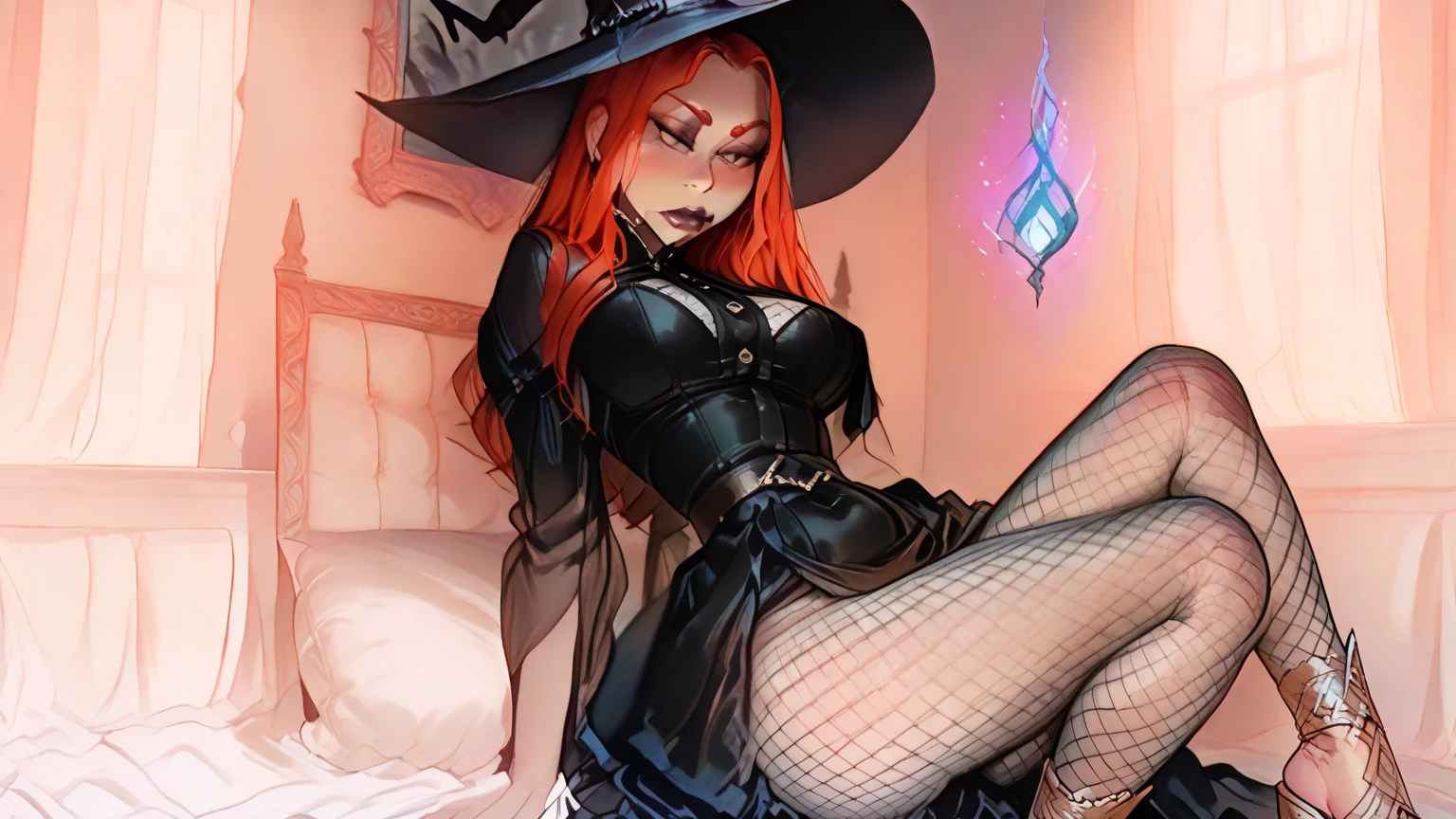 (masterpiece, best quality, high resolution), 1girl, solo, (ninems), hat, witch hat, ????????????, gloves, ???? shoulders, cape, thighhighs, black legwear,  (embarrassed,trembling,open mouth, spread ?????, ?????? grab,blushing, happy,????)), blue eyes, Watch the Viewer